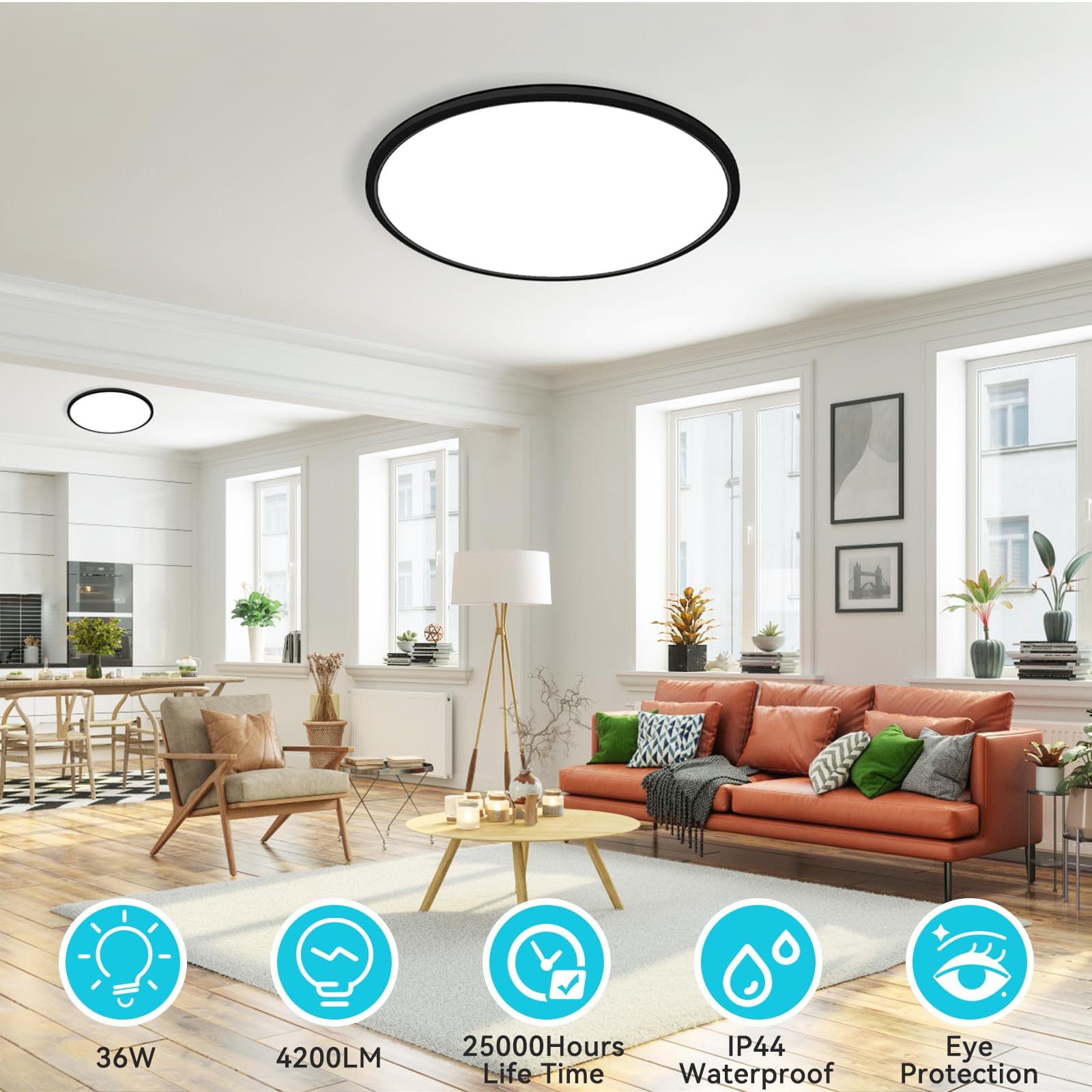 Libtit 16.5 Inch Black Flush Mount Ceiling Light, 3Pack 4200Lm 36W Large & Bright Ceiling Lighting Fixture, 3000K/4500K/6000K Th