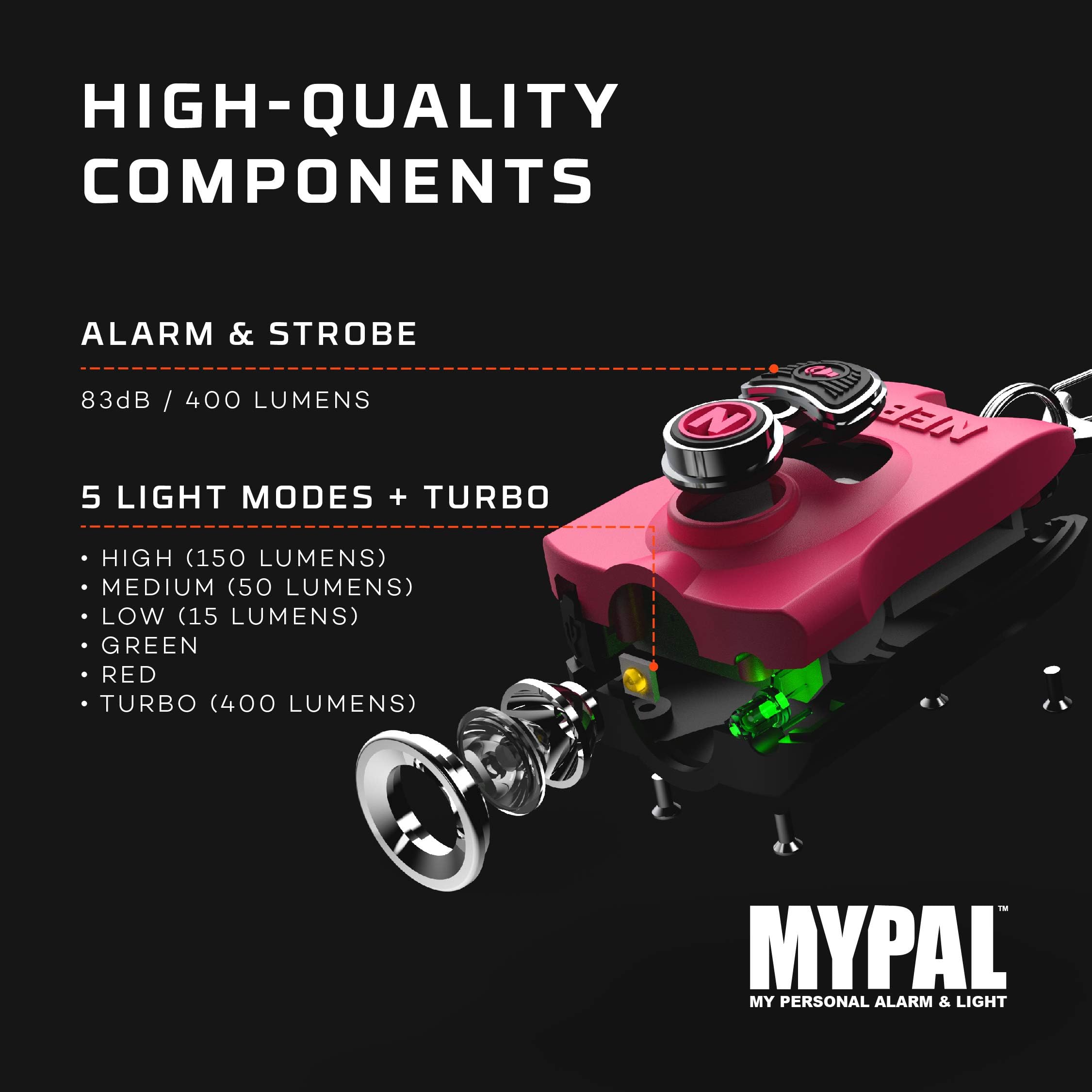 Nebo Mypal Rechargeable Keychain Light And Safety Alarm | Compact 400 Lumen Light With 115Db Safety Alarm | Pink