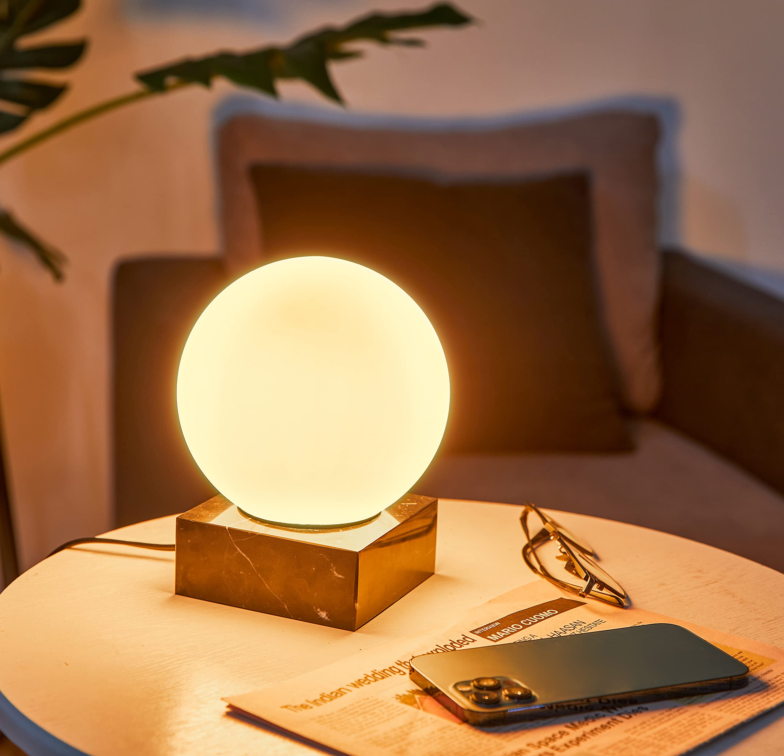 FLORNIA Modern Industrial Table Lamp, Unique Bedside Nightstand Desk Lamp with Glass Shade and Marble Base for Bedroom, Living R