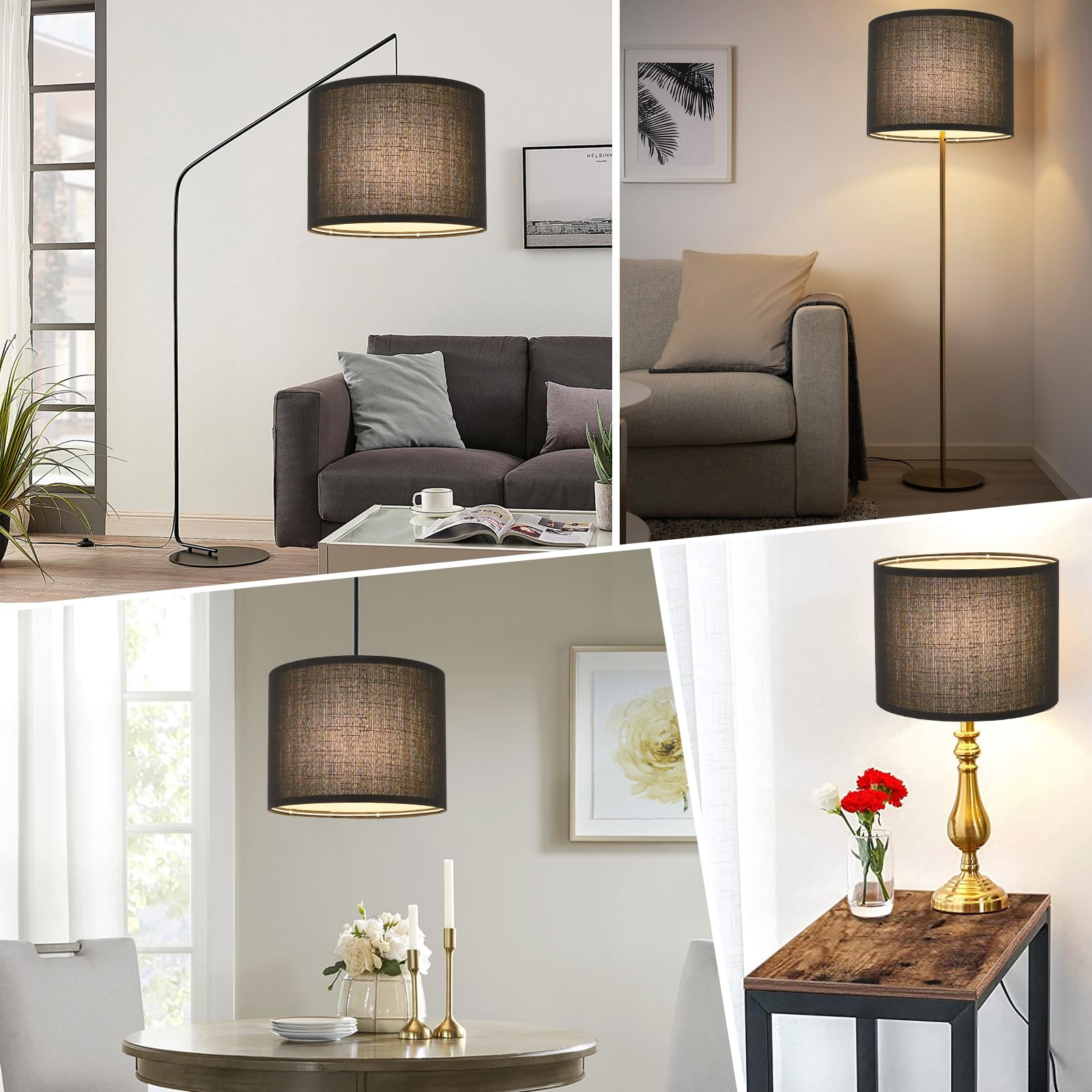 Black Lamp Shade, Large Drum Lampshade 13In Top X 13In Bottom X 10In High, Replacement Lamp Shade Natural Linen Hand Crafted For