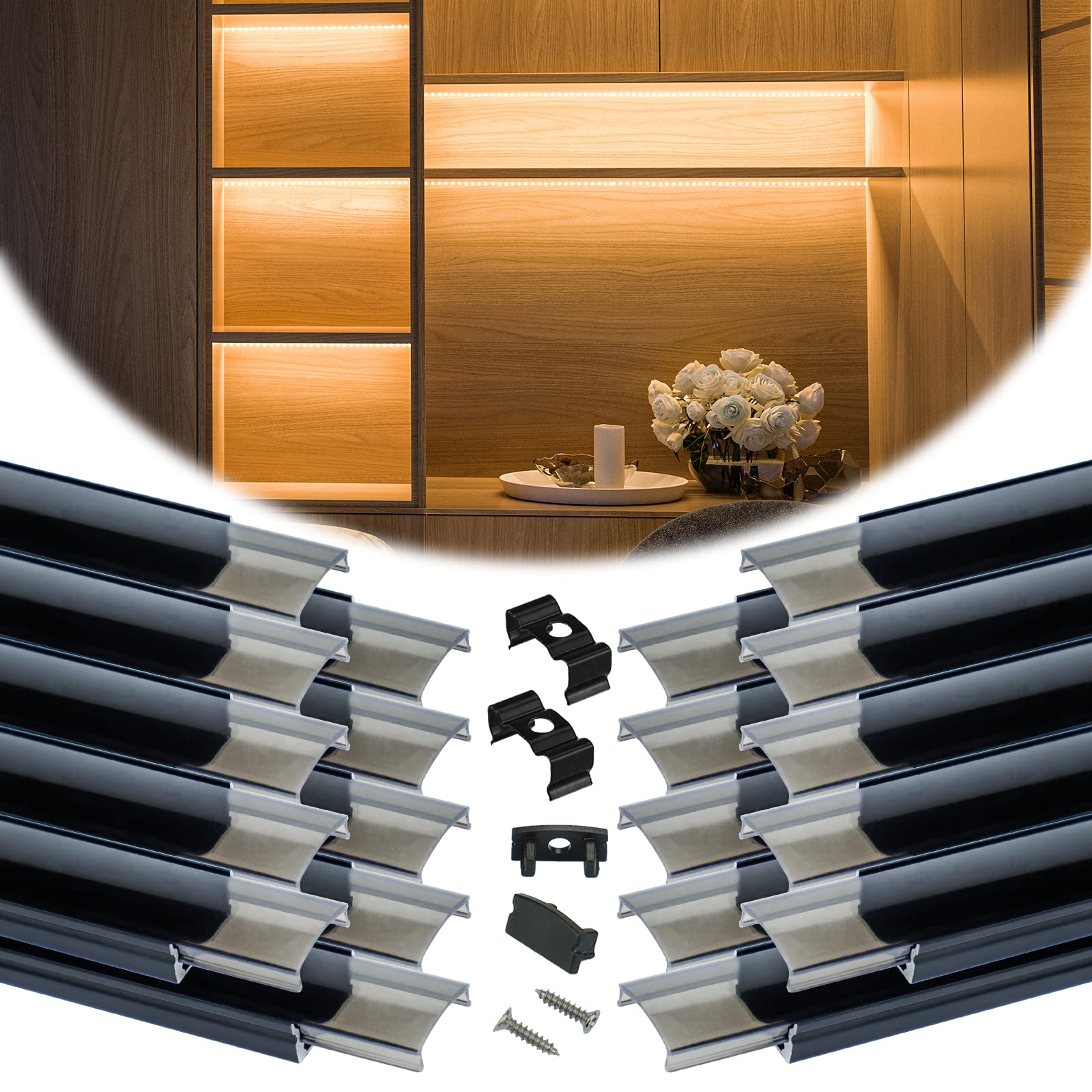 Muzata LED Strip Channel, Black Aluminum, 20Pack, U Shape, 3.3FT/1M, Transparent Smoky Black Cover