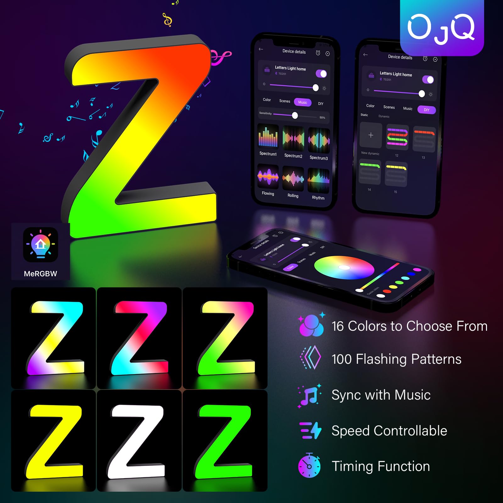 OJQ LED Light Up Letter - Colorful Alphabet Music Sync Decor, Model A1, Plastic, Z