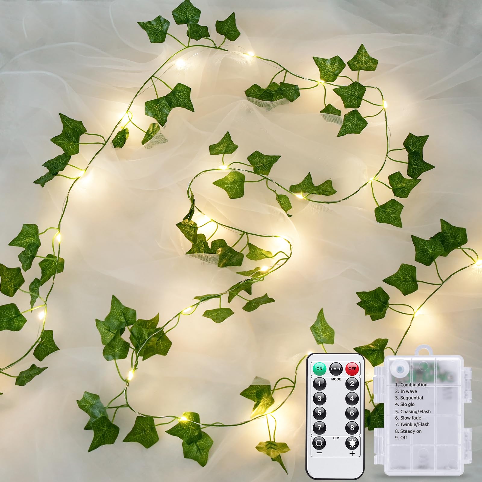 JMEXSUSS 33Ft Vines with Lights Battery Operated, 100 LED Vine Lights for Bedroom with Remote, Ivy Vines with Fairy Lights Leaf Lights for Valentines Decoration Wall Room Birthday Party(Warm White)