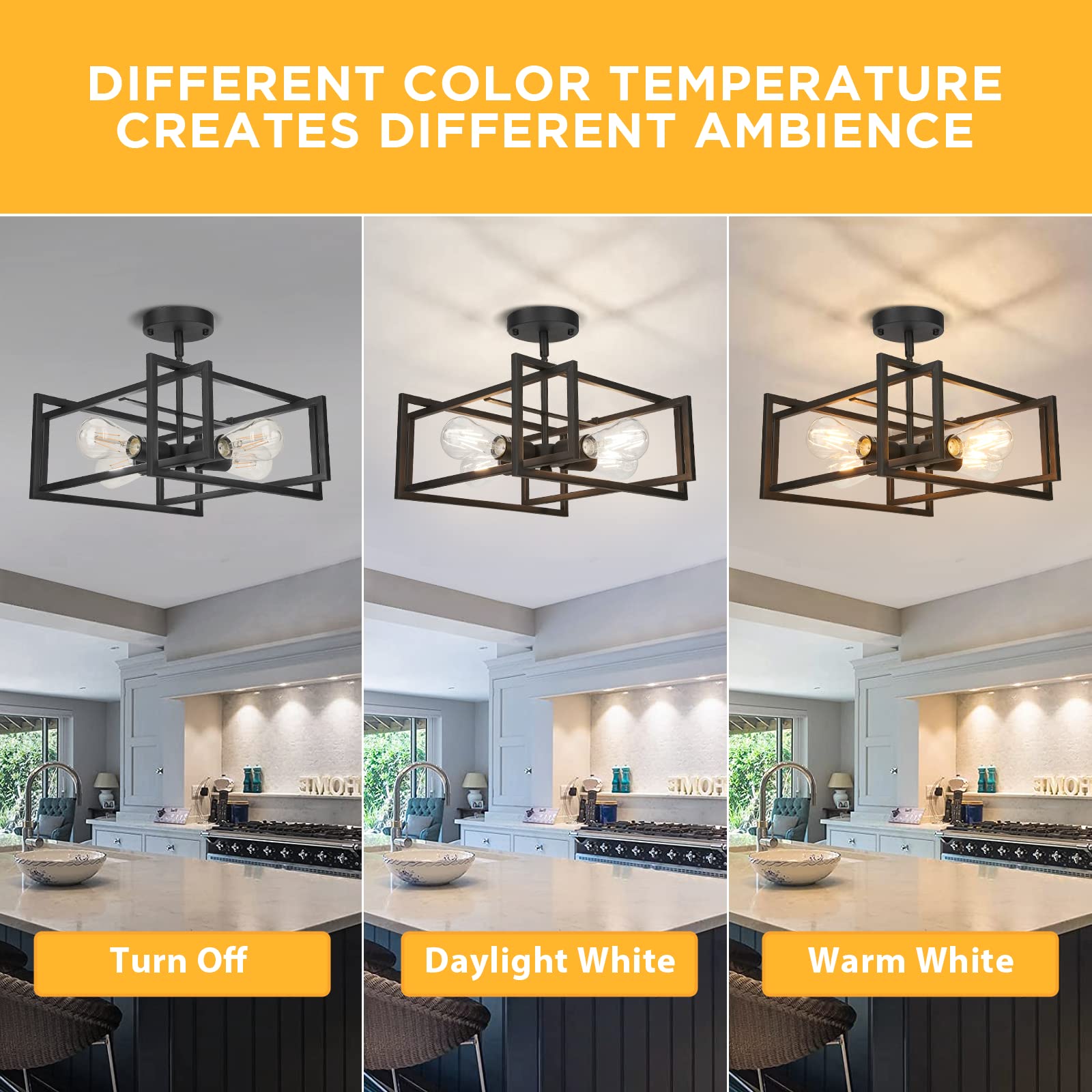 Fadimikoo 4-Light Semi Flush Mount Kitchen Ceiling Light Fixture, Black Metal, Modern Rectangle Frame, Ideal For Bedroom And Hallway