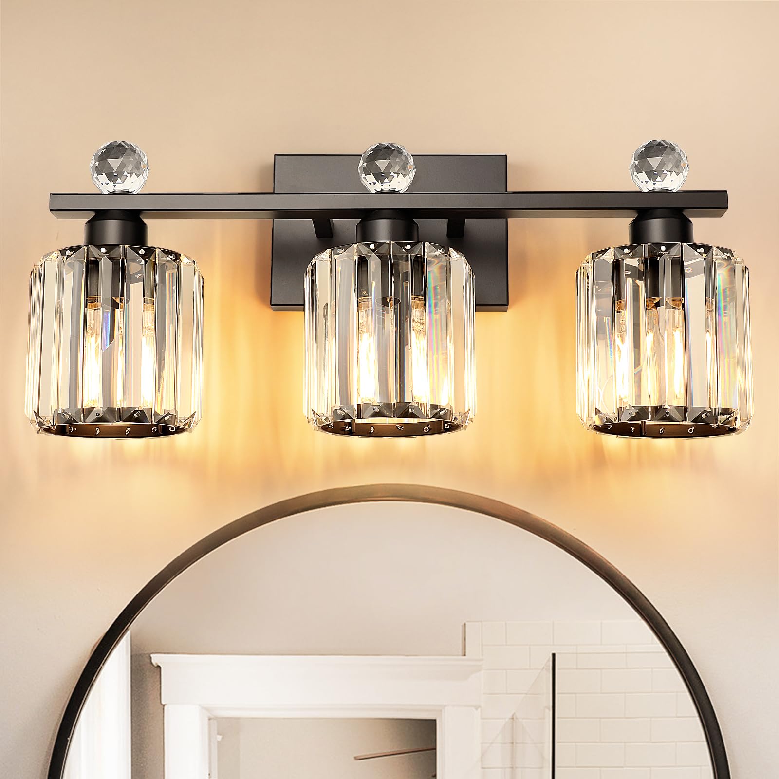 KunruiTAI 3-Light Black Modern K9 Crystal Vanity Lights, Stainless Steel Bathroom Fixture