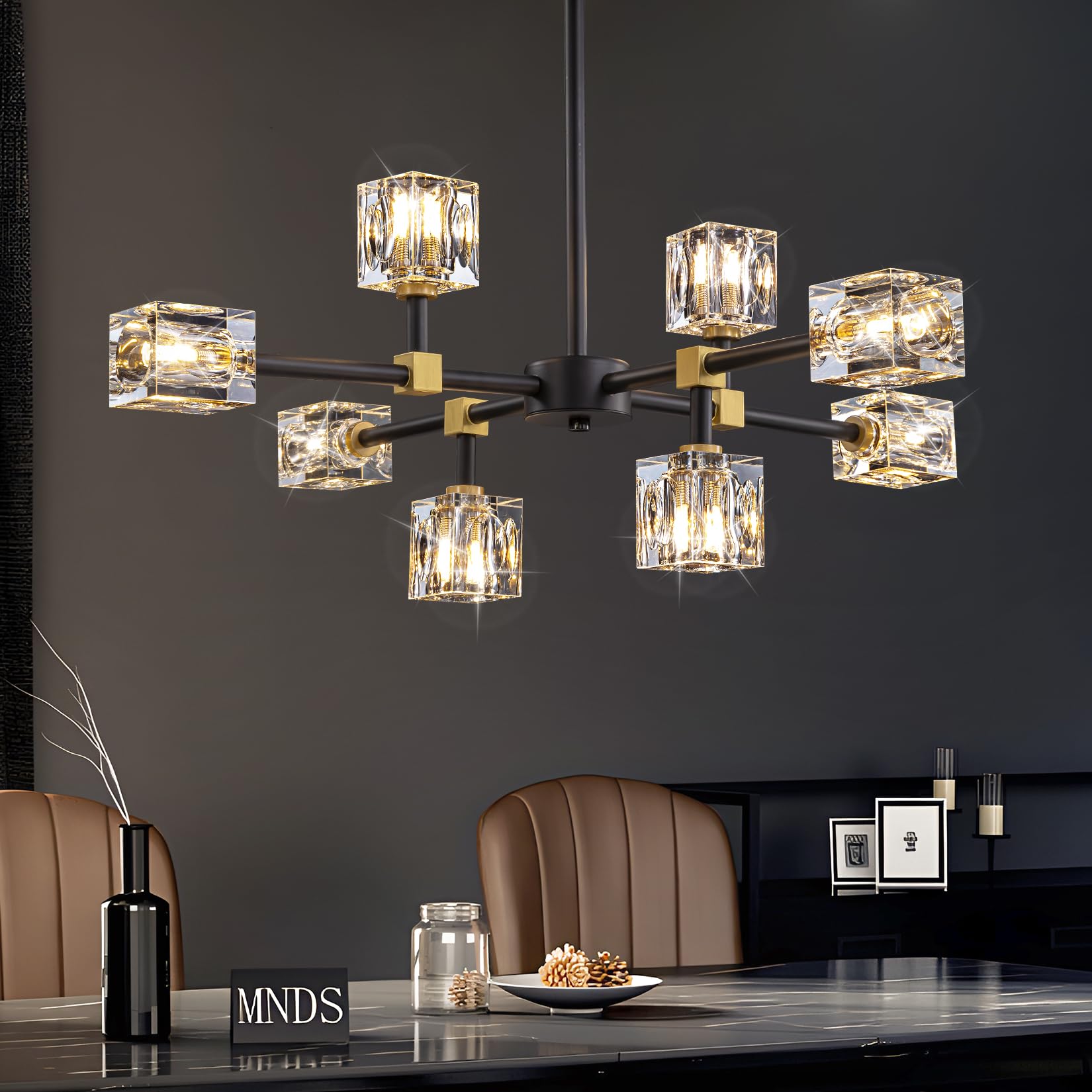 Black Sputnik Chandelier Crystal Chandeliers with 8-Lights Modern Semi Flush Mount Ceiling Light Fixture with Adjustable Height Pendant Light Fixture for dining room kitchen island bedroom living room