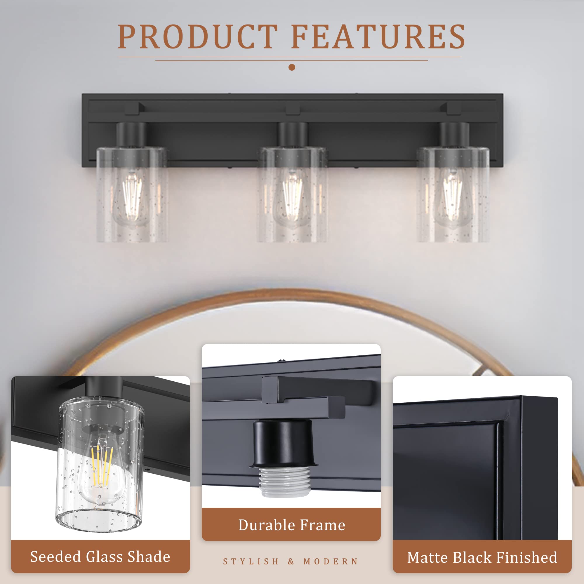 Espird Bathroom Vanity Light,3 Light Matte Black Light Fixture With Thickened Seeded Glass Shade, 24 Inch Modern Wall Sconce,Van