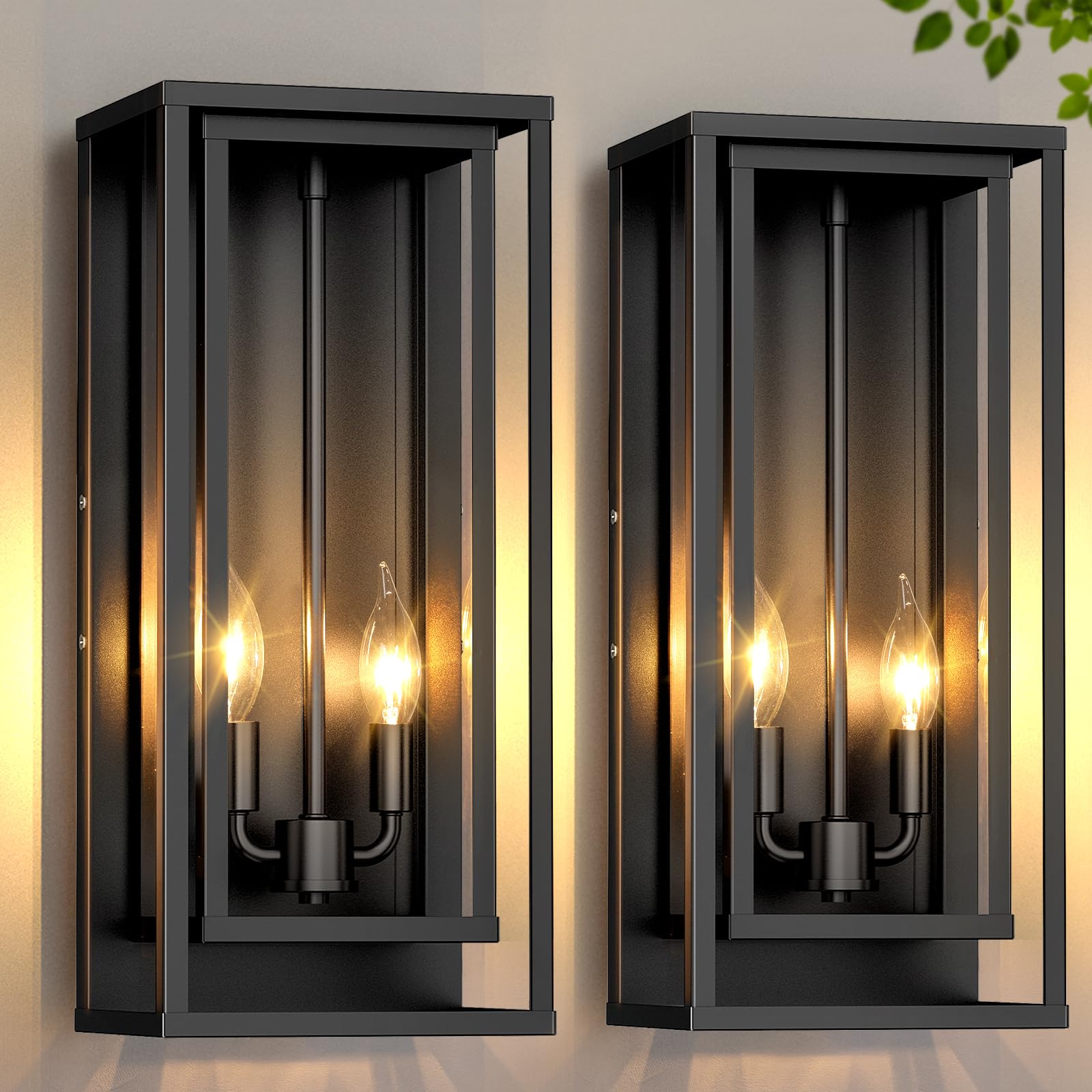 2-Pack Large Outdoor Wall Lanterns  18  Exterior Waterproof Rectangular Sconce with Glass Shades  Matte Black Porch Lights  Anti-Rust 2-Light Modern Light Fixtures for Patio Garage Entryway Front Door
