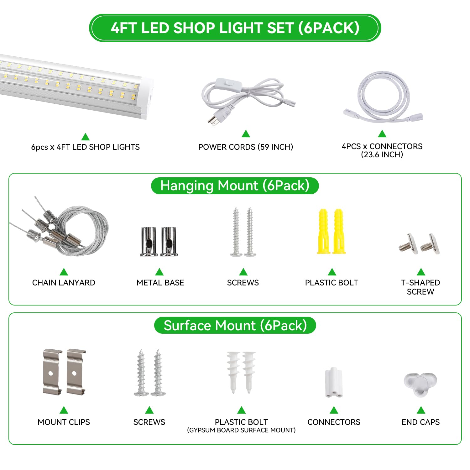 Skymoatled T12 4Ft Led Shop Lights Garage Lights,65W 5000K 10400Lm Daylight Color,Hanging/Surface Mount,Super Bright,Plug And Pl