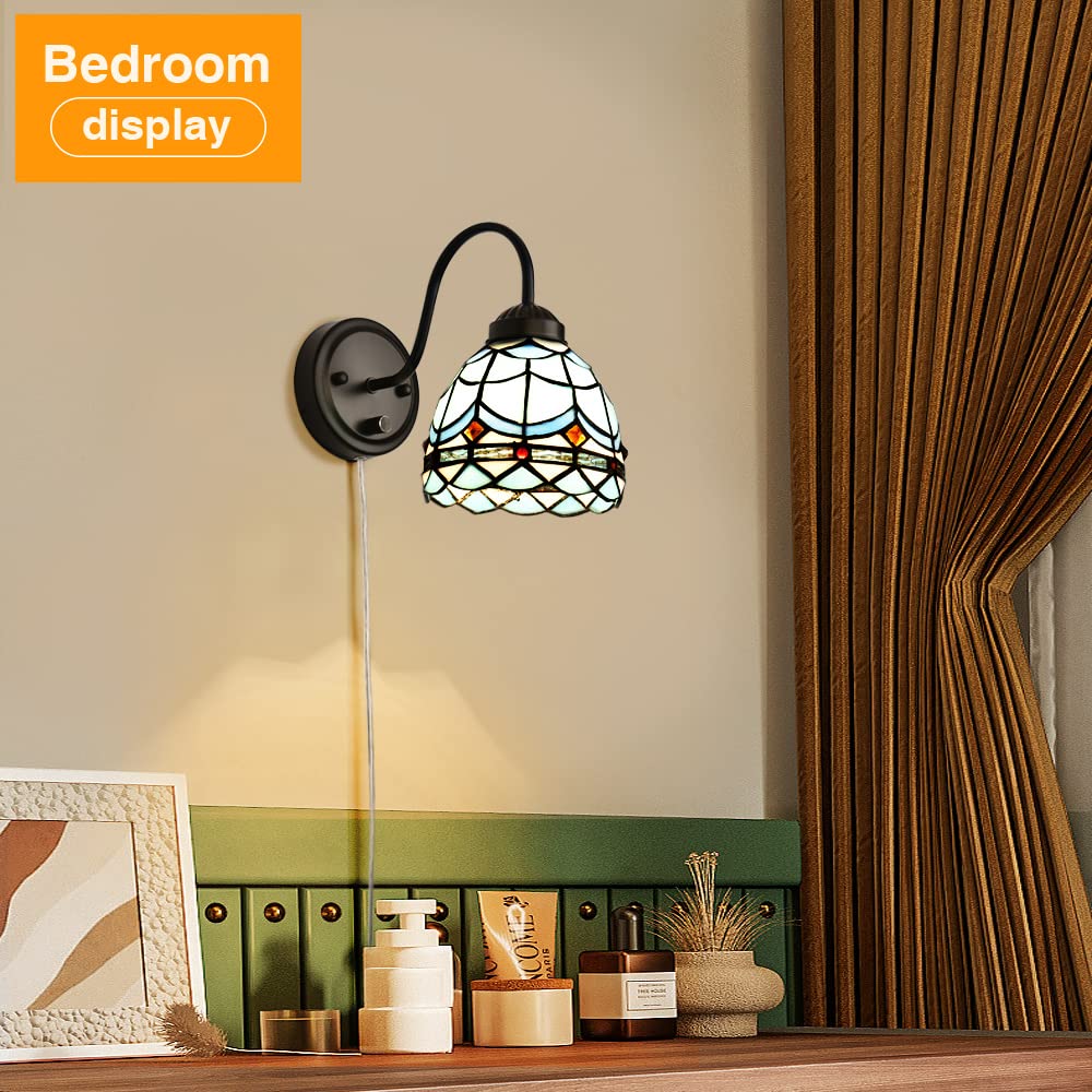 Dengmall Tiffany Wavy Blue Wall Lamp, Dimmable Gooseneck Sconce For Bedroom & Living Room