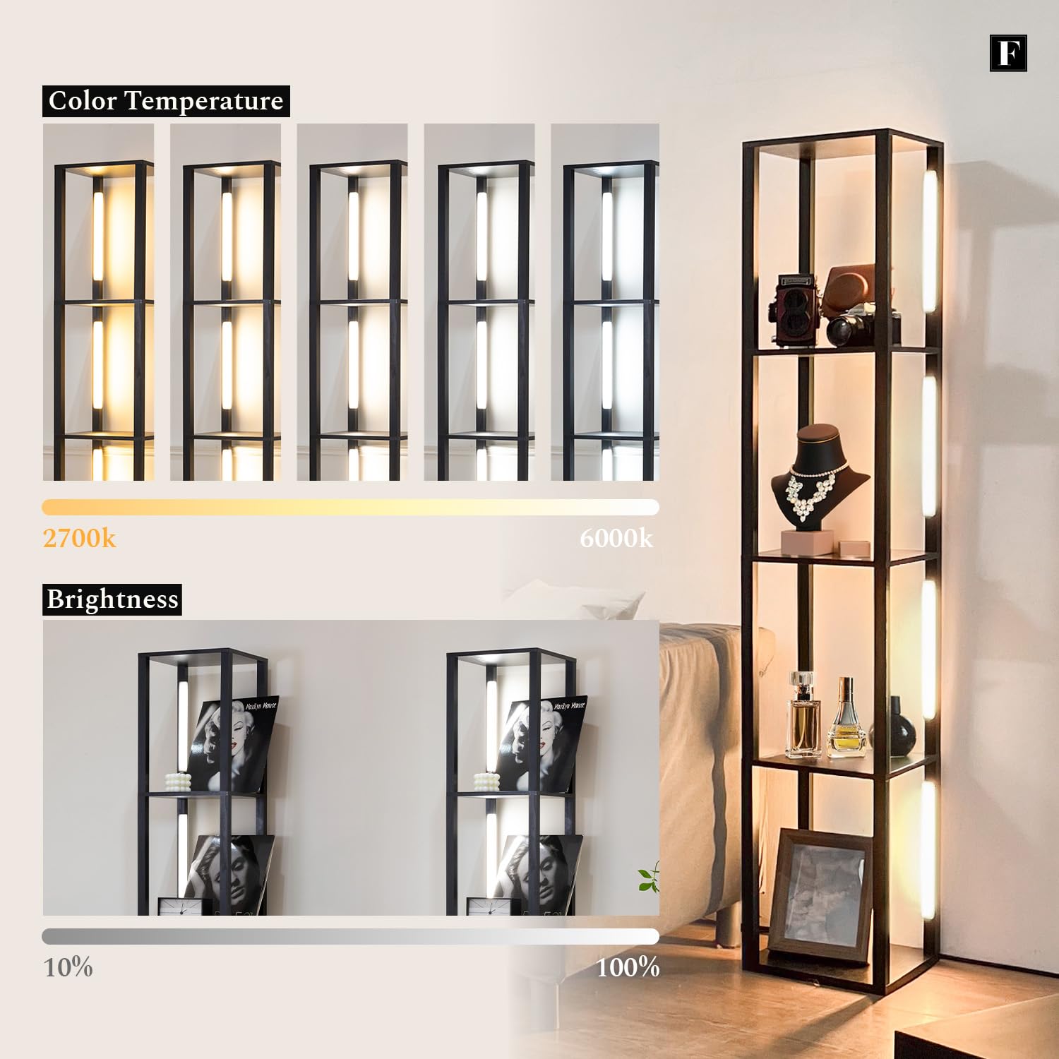 FENLO LED Floor Lamp with Adjustable Brightness, Full Color Control, Engineered Wood, Black, Model FEN-101, Fancy Design