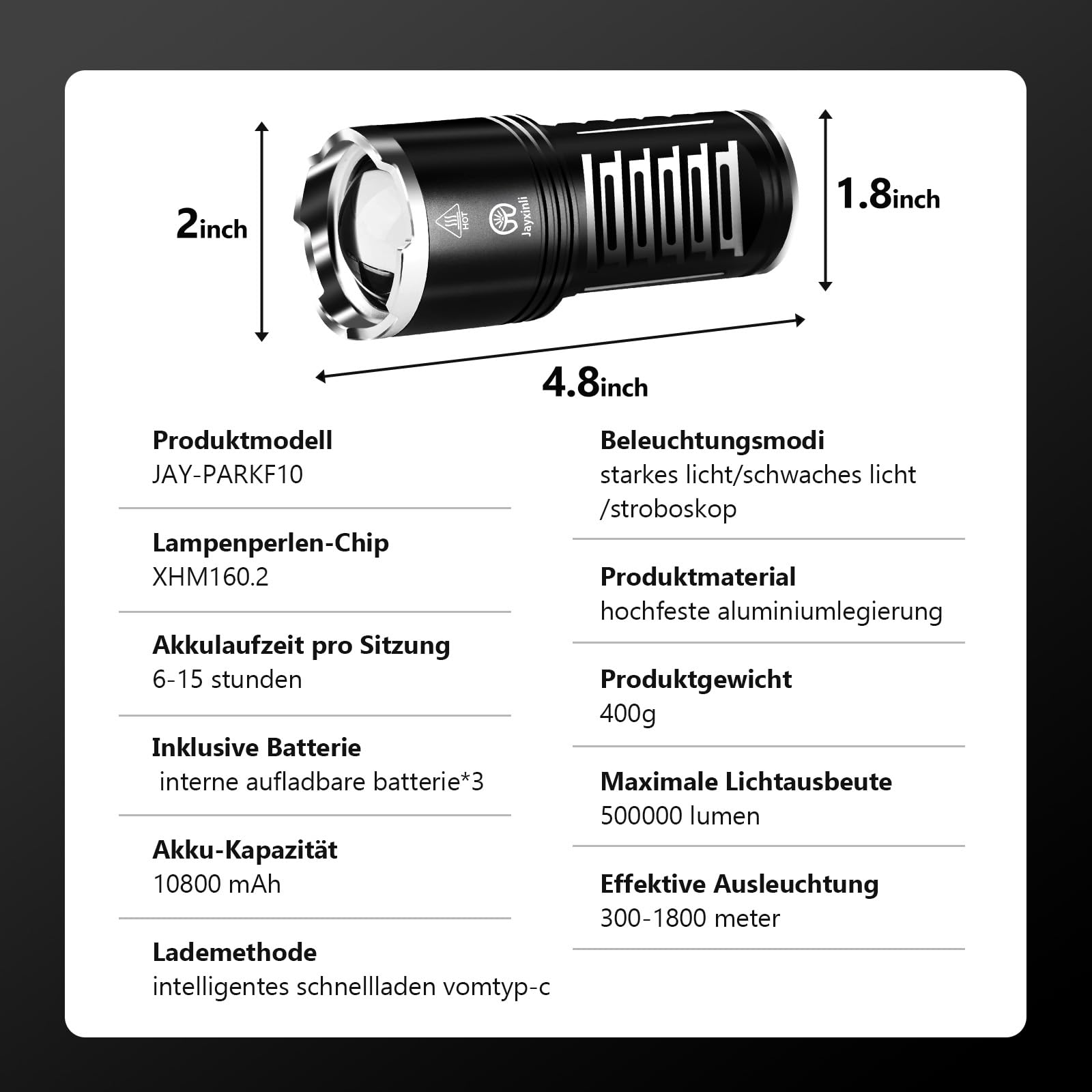 JAY-PARK F10pro LED Flashlight, 100000 Lumens, 10800mAh Rechargeable Battery, 5 Modes, Black, Zoomable, LCD Power Display