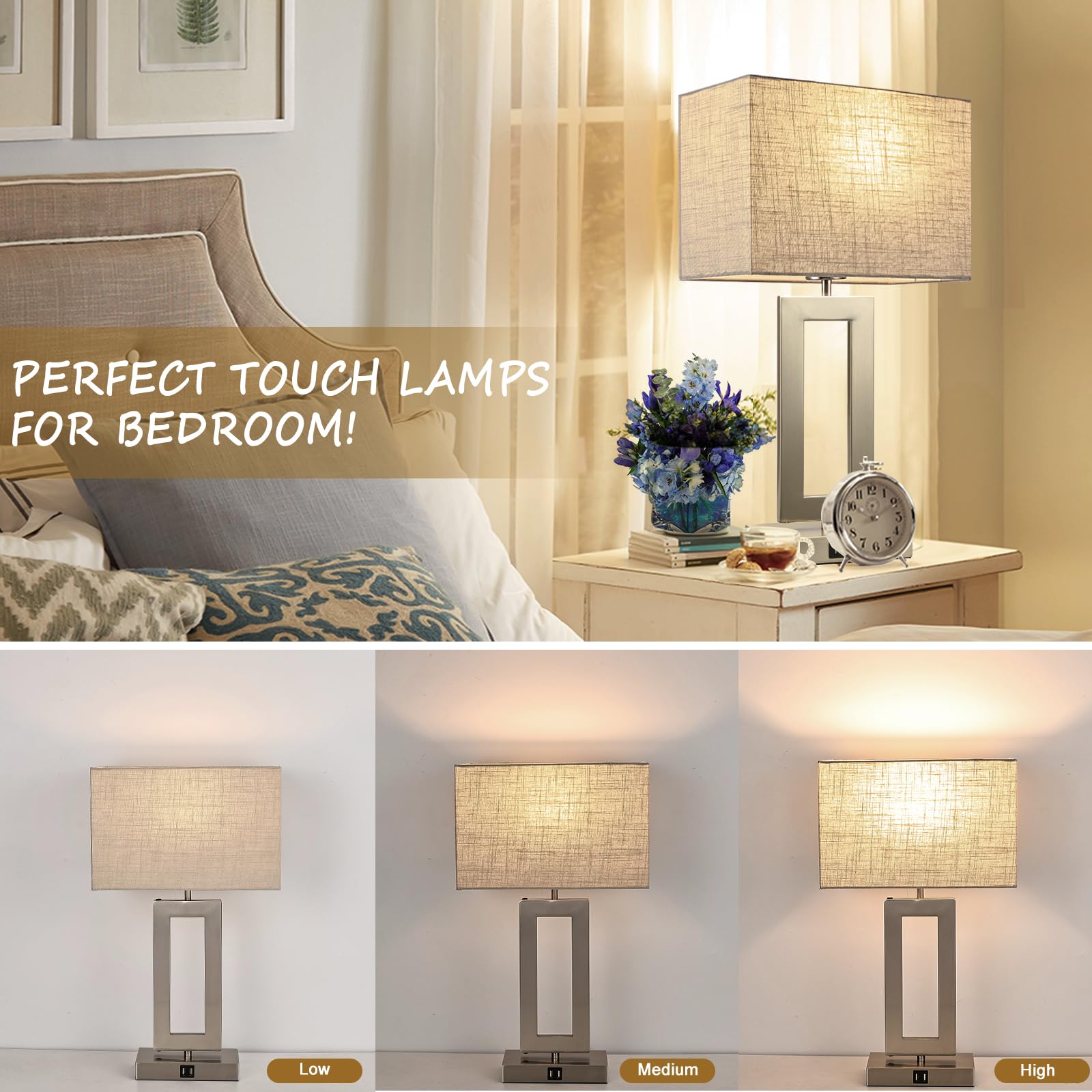 Lamps For Living Room Set Of 2 Touch Control Table Lamps With 2 Usb Ports 3-Way Dimmable Bedside Nightstand Lamps Bedrooms Brush