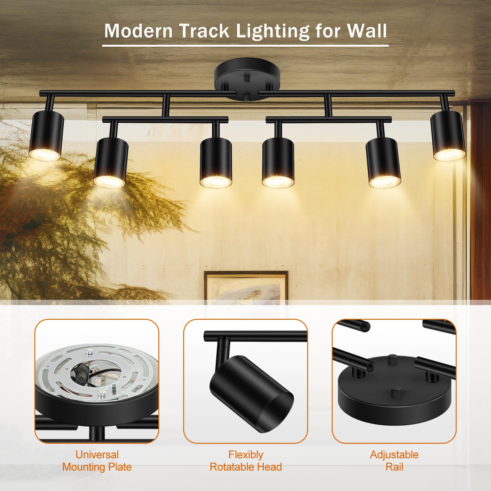 Black Track Lighting Kitchen, 6 Light Track Lighting Fixtures Ceiling Kit, 30'' Modern Flexible Ceiling Spotlight, Industrial Le