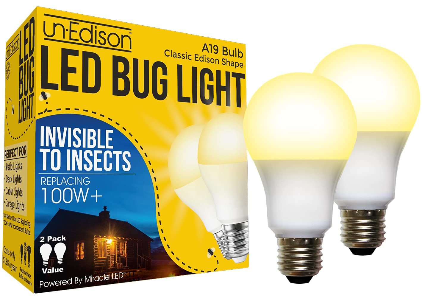Un-Edison A19 Led Bug Light - Replaces 100W - Yellow Spectrum E26 Medium Outdoor Bulb For Porch Patio & Deck - Upgrade Your Old 