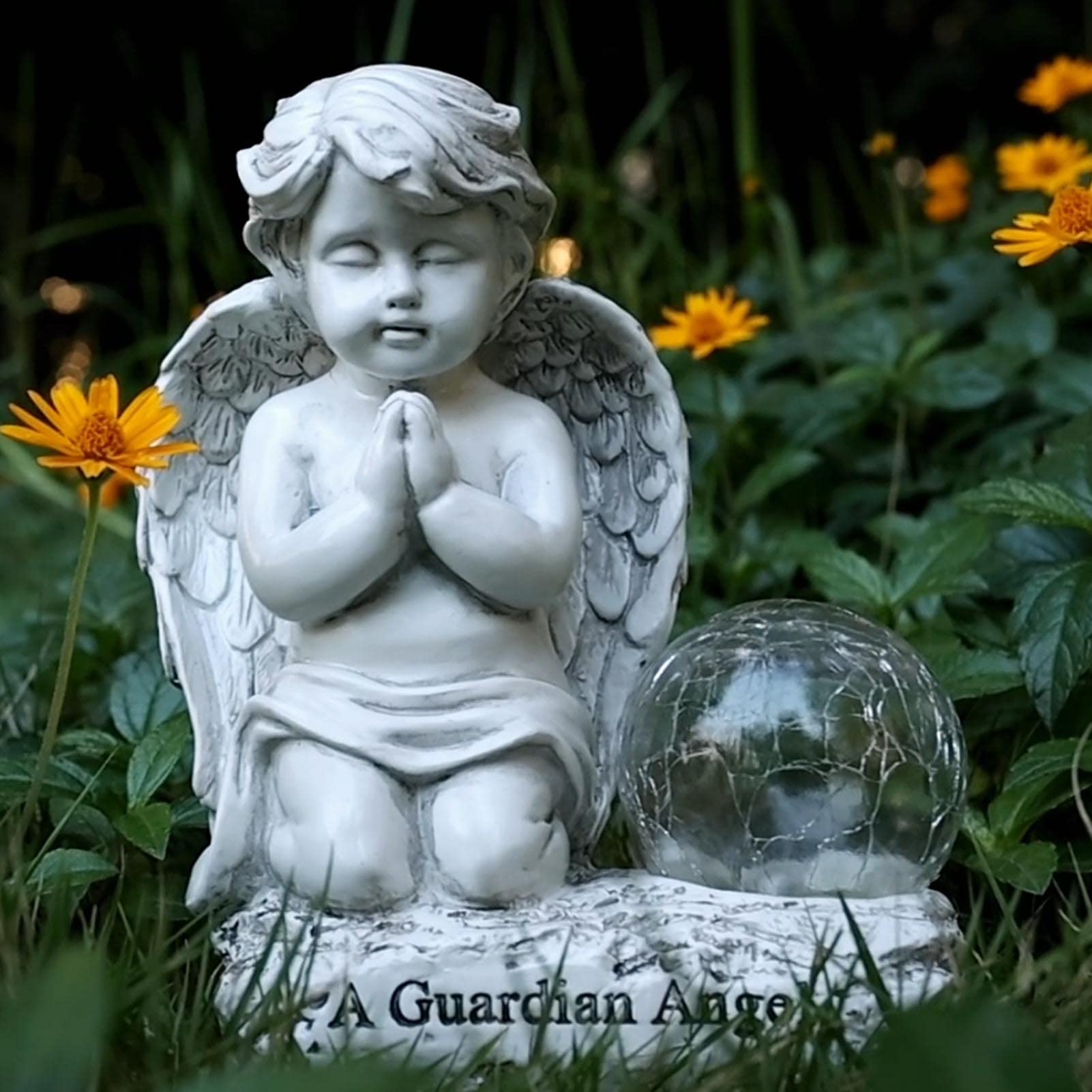 Foreby Angel Statue Garden Decor, White Resin Cherubs with Solar  le Glass Globe, Model A-006