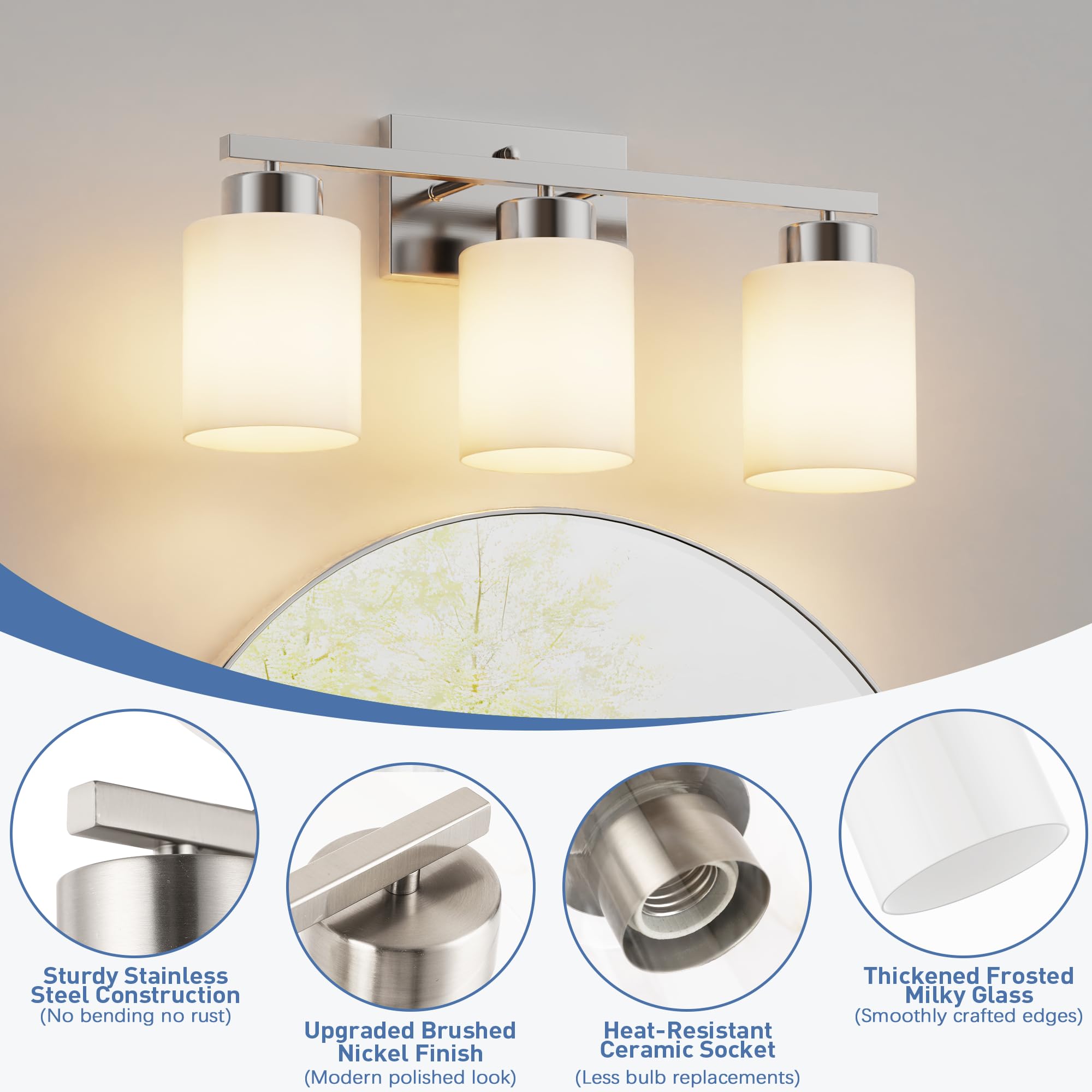 Partphoner 3-Light Brushed Nickel Bathroom Light Fixtures  Modern Vanity Light Over Mirror Lighting  Wall Sconce With Frosted Milky White Glass Shades For Bedroom Living Room Kitchen Hallway