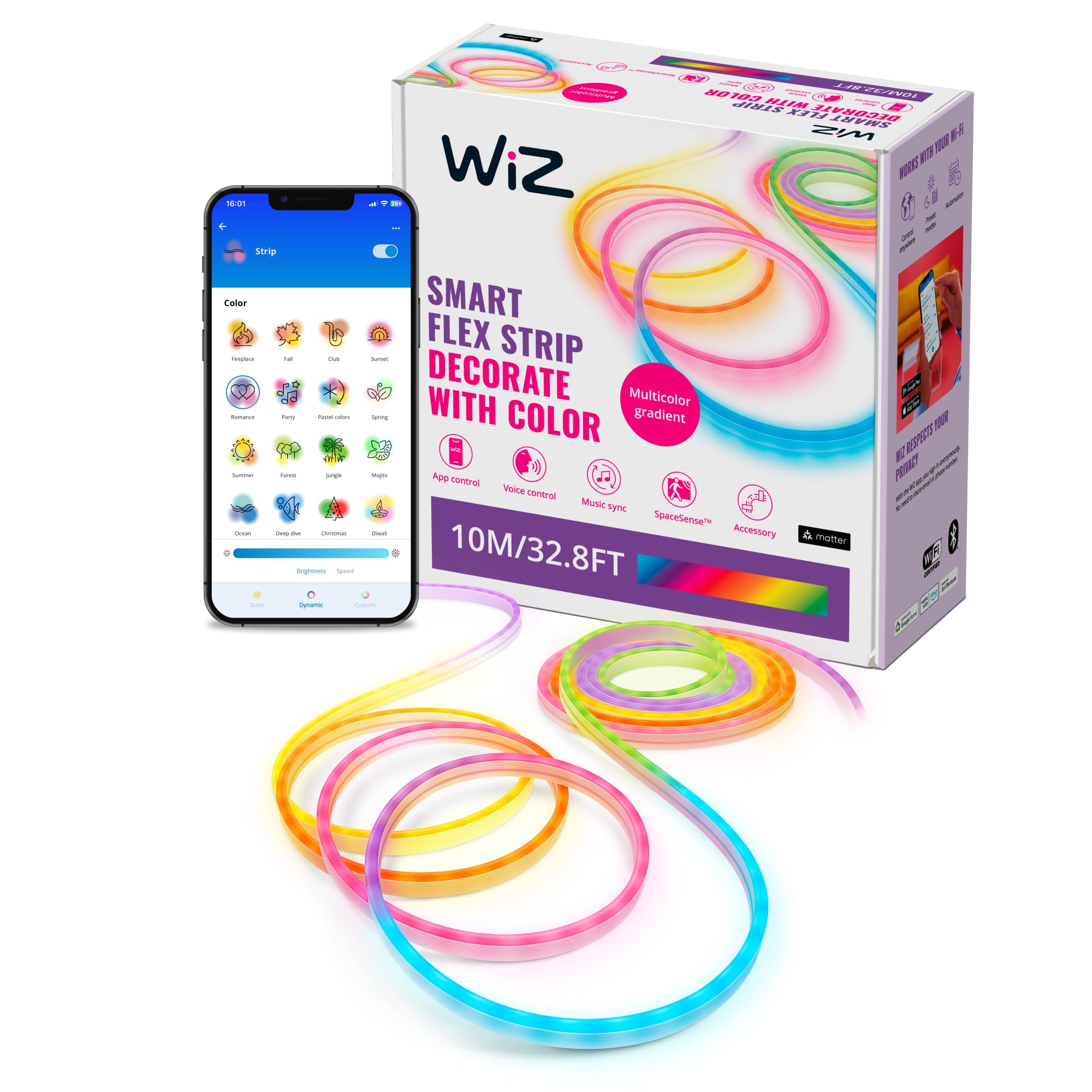 Wiz Smart Flex Strip- 32.8 Ft, 16 Million Colors + Shades Of White, Dynamic Light Scenes, Connects To Your Wi-Fi, Voice/App Cont