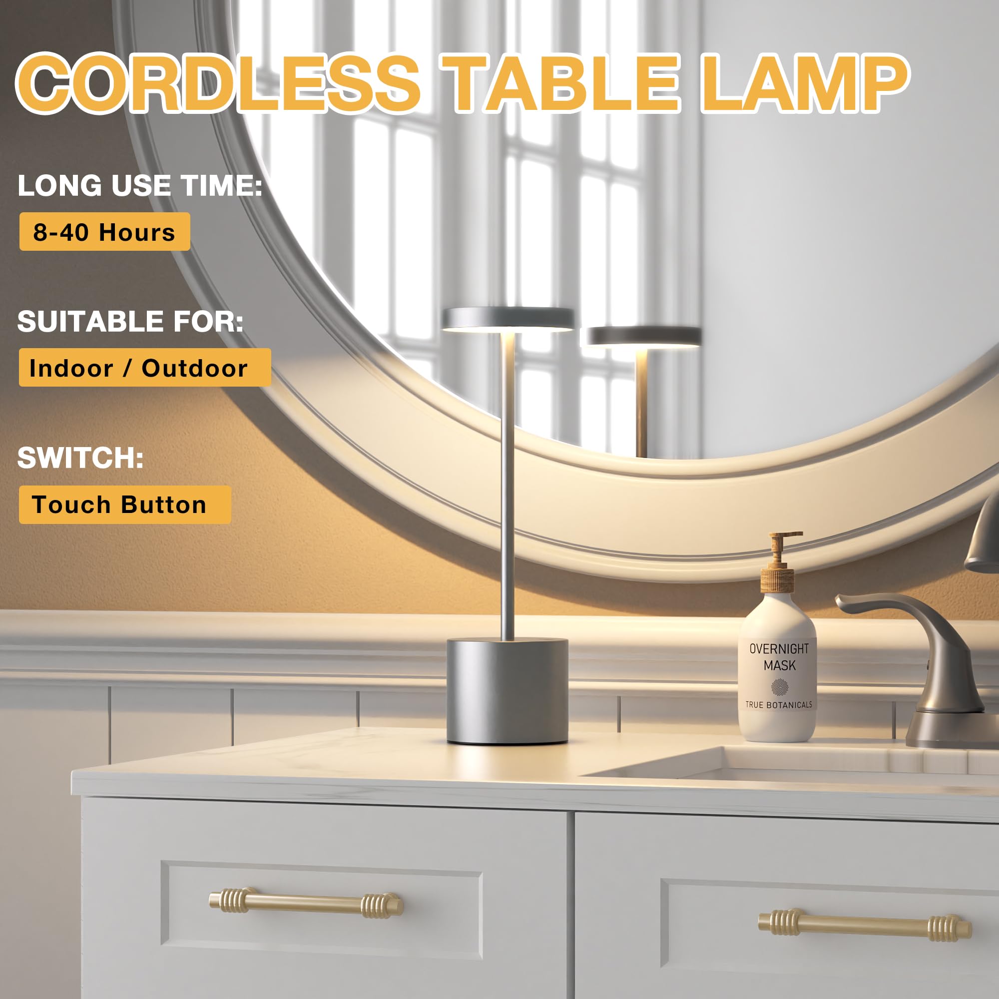 Kakanuo Grey Rechargeable Cordless Lamp - Touch Control, 3 Color Temperature, Wireless Battery Operated Lamps, Stepless Dimmable