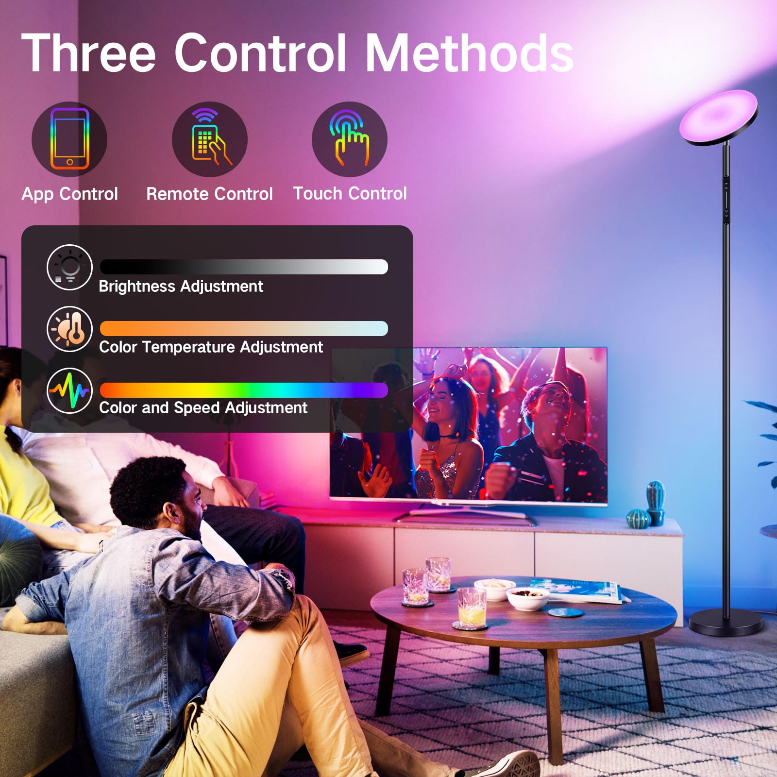 OUTON Smart RGB Floor Lamp, 36W Dimmable LED Torchiere, Black, Model DGEUFL0016-RGBCW-B, APP & Remote Control, Ideal for Living