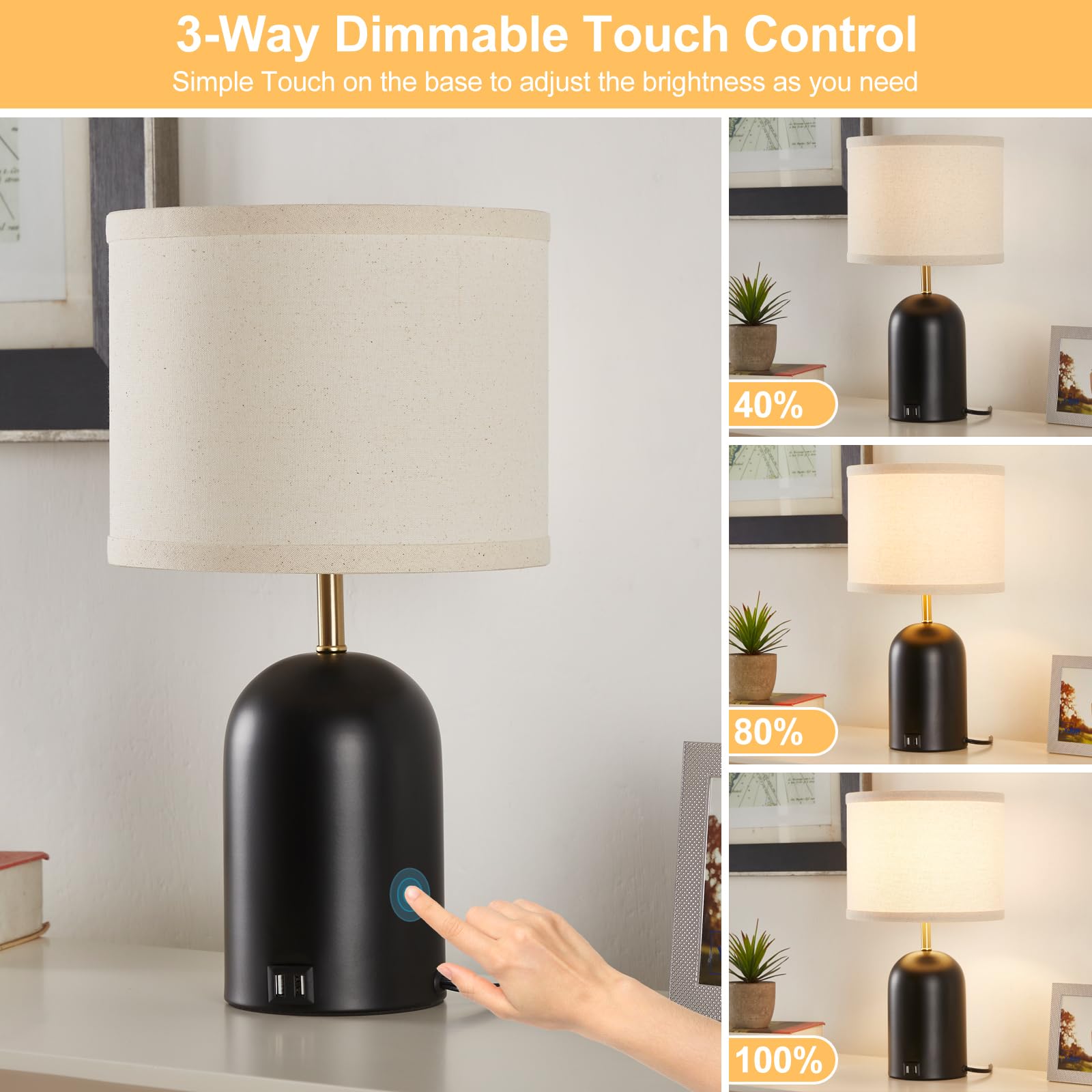 GyroVu Touch Control Table Lamps Set of 2, 18" Gold & Black, 3-Way Dimmable with USB Ports, Fabric Shade, LED Bulbs Included