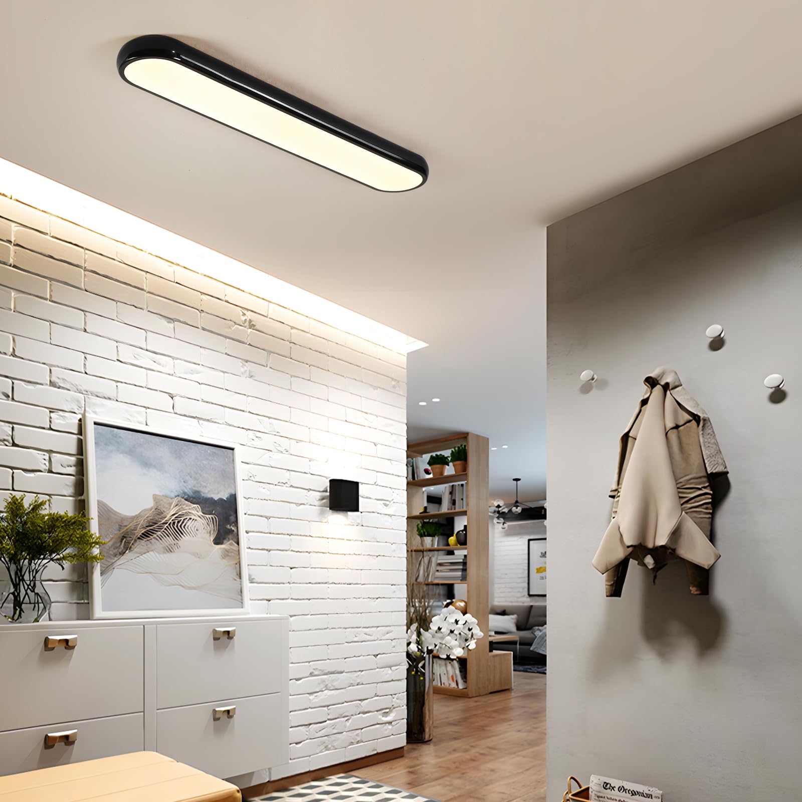 Qcyuui Modern Led Ceiling Light Dimmable Semi Flush Mount Ceiling Light 39.4 In Long Ceiling Light Fixture Kitchen Lighting Fixtures Ceiling For Office Bedroom Hallway(Black/48W/3000-6500K)