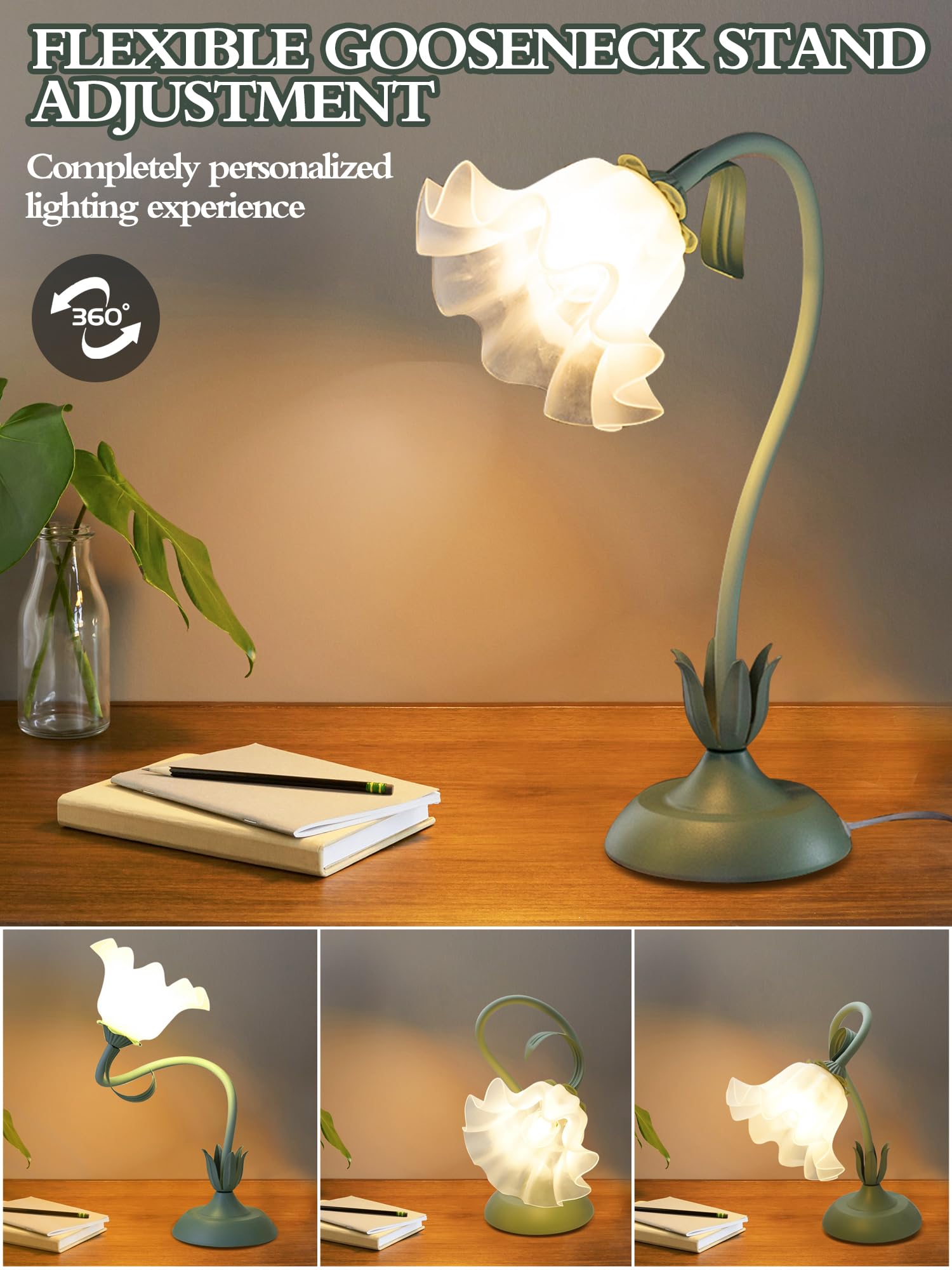 AQDZCNF Flower Table Lamp, LED Bedside Light, 3 Color Modes, Vintage Design, Green