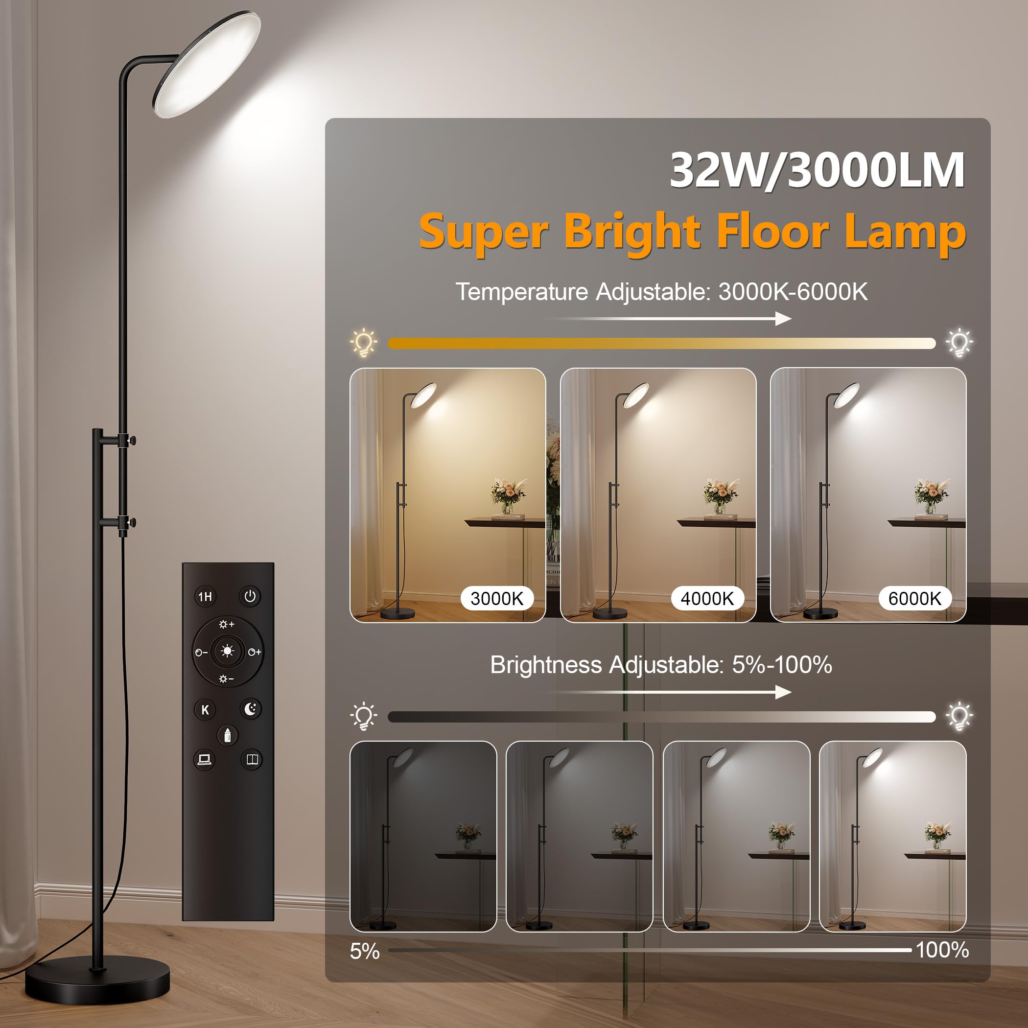 SUNMORY LED Floor Lamp, 32W/3000LM, Adjustable 350? Rotating Head, Modern Black Torchiere for Living Room, Bedroom, Office, Model FLM-032