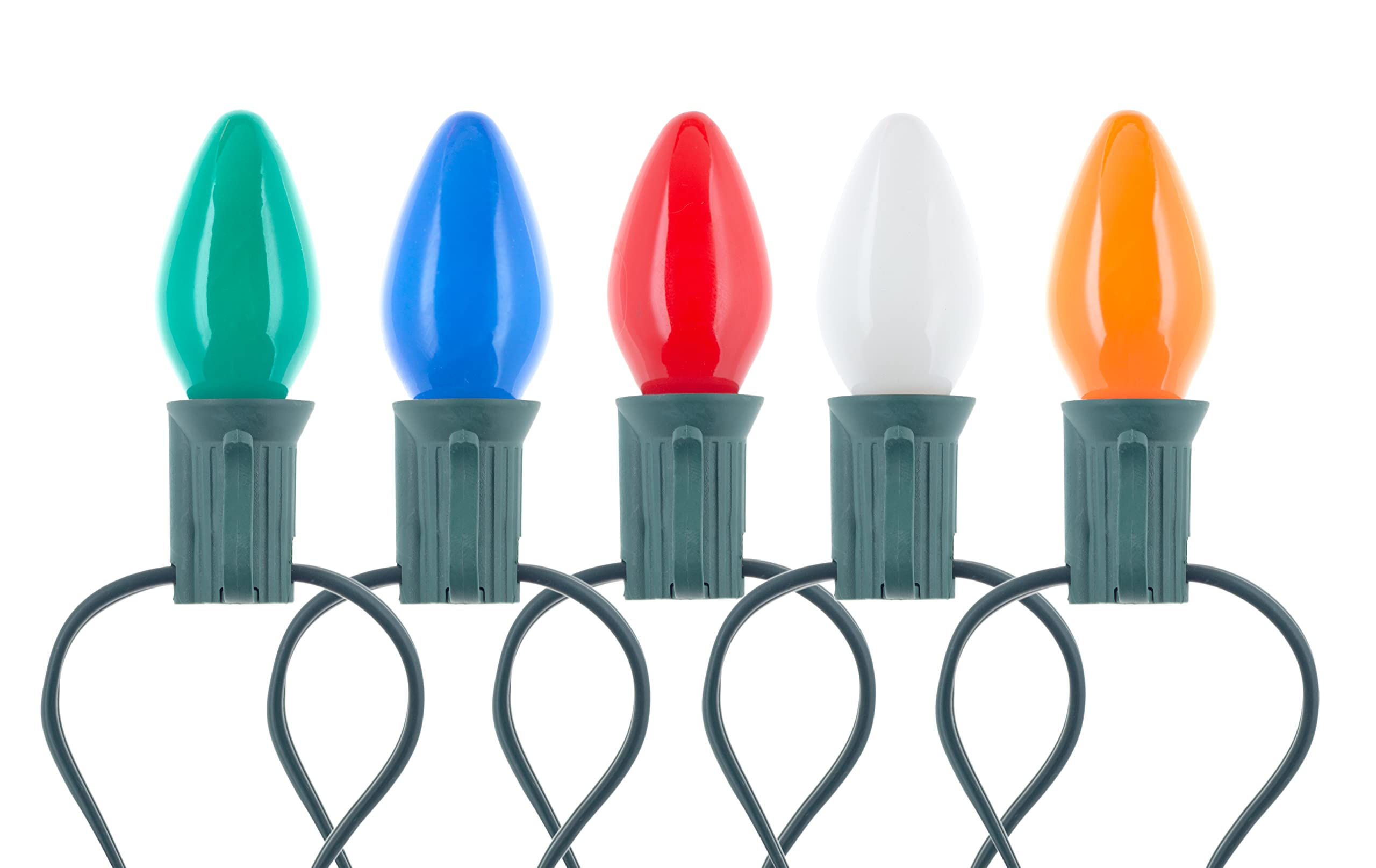 Creative Hobbies 25 Pack C7 Multicolor Christmas Light Bulbs - 7W Steady Burning Incandescent, Ceramic Multicolor, Nickel Plated