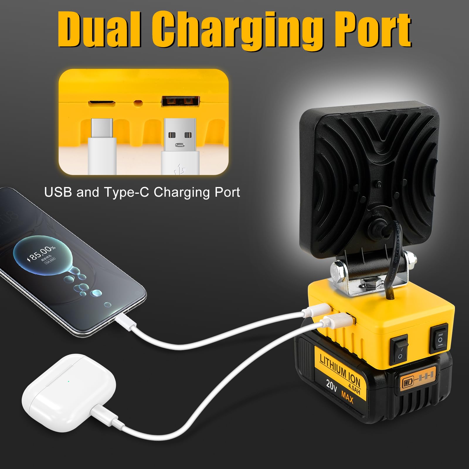 T-SUN 55W Work Light - Cordless LED Light for Dewalt 18V/20V Battery, Portable with USB & Type C Charging, Model F0130