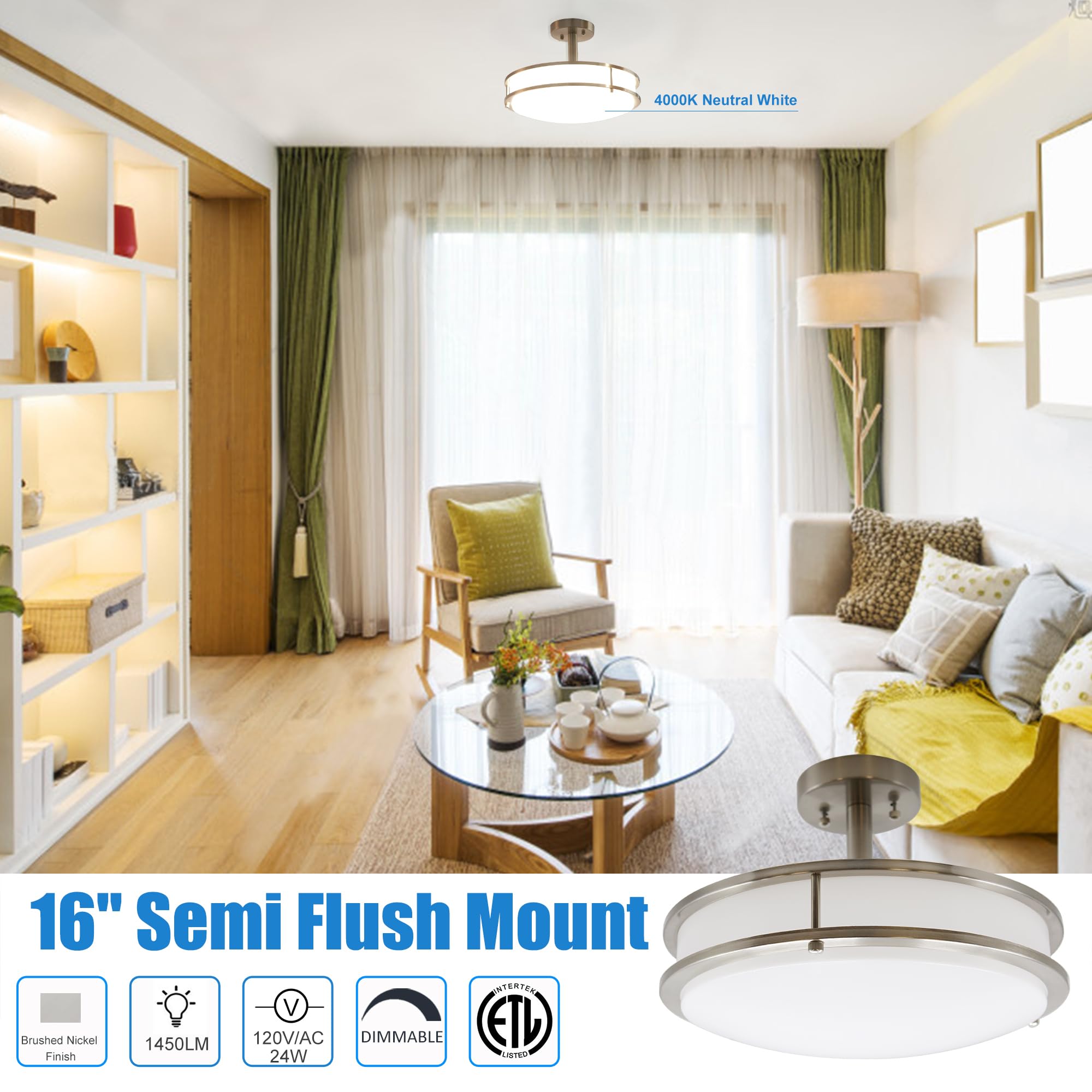 Mingbright 16Inch Dimmable Led Semi Flush Mount Ceiling Light, Brushed Nickel Finish, 4000K Natural White, For Kitchen, Living R