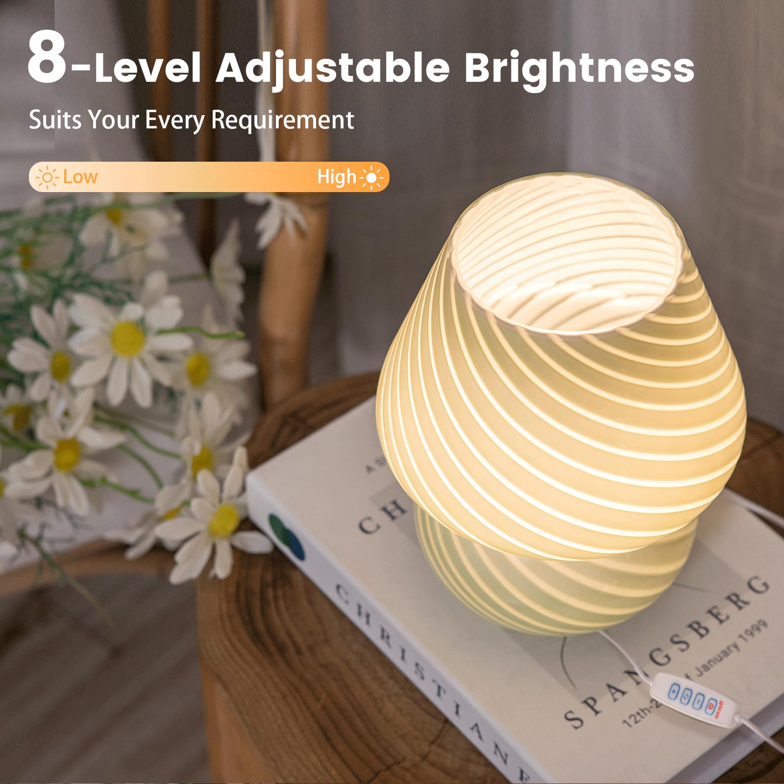 ULAROOM Mushroom Lamp, USB Plug-in, 3 Temperature LED Bulb, Glass, Stripe Green, Model JYTD23, Ideal for Bedroom/Living Room Decor