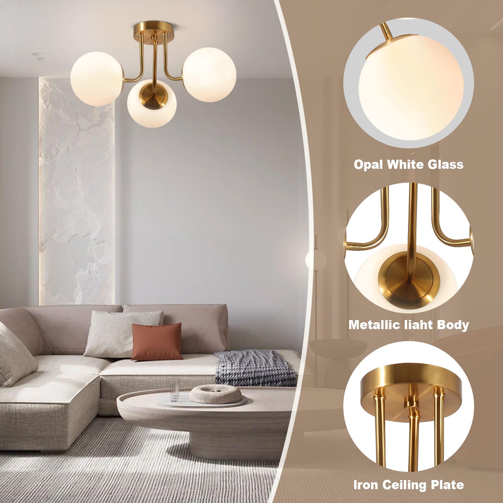 Bektas 3-Lights Semi Flush Mount Ceiling Light Fixture, Brushed Gold with White Globe, Model 303-230616BA-US479, Ideal for Bedroom & Living Room