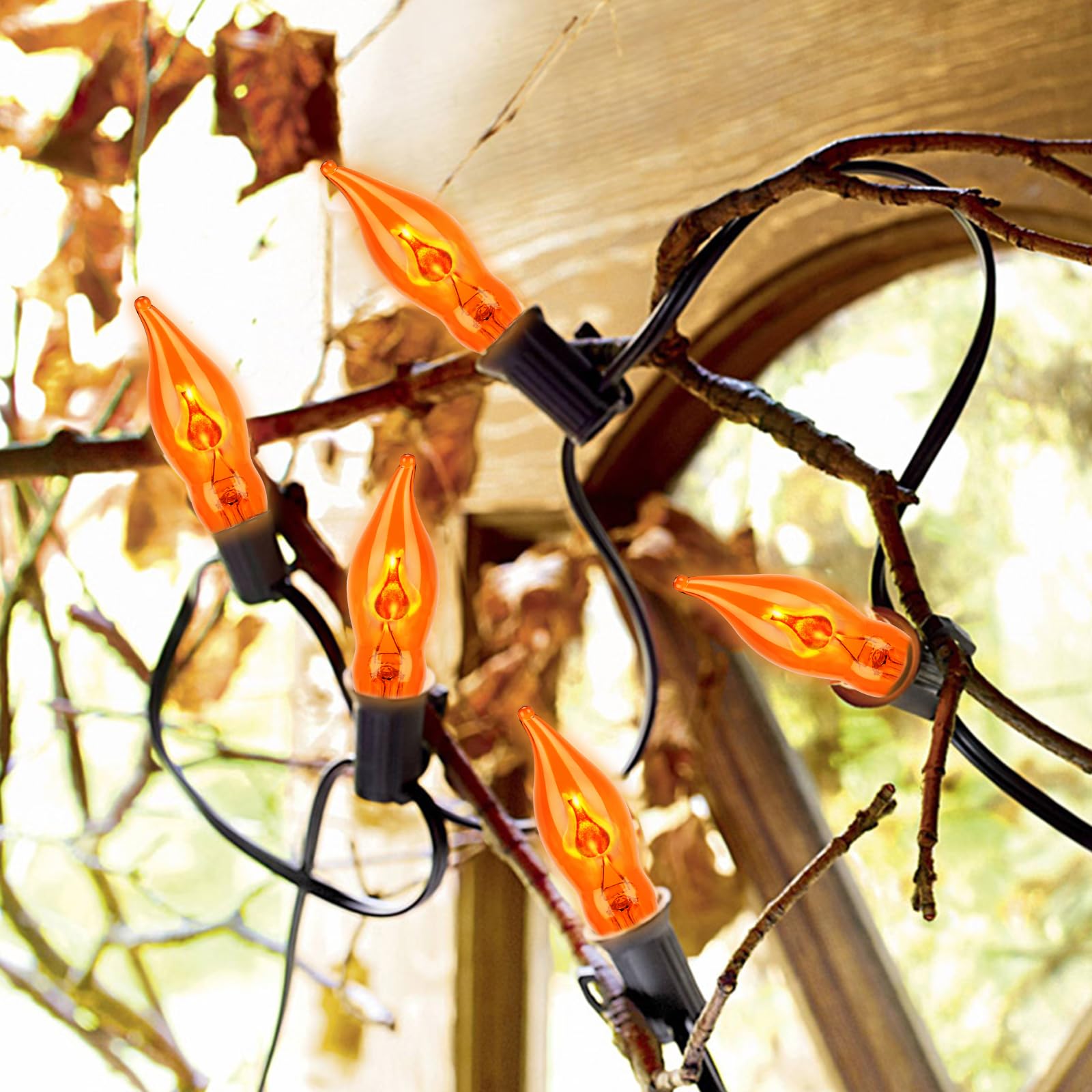 Couah C18 Flicker Flame String Light Bulbs, 1 Watt, E12 Base, 12 Count, Flicker Orange, for Thanksgiving and Christmas