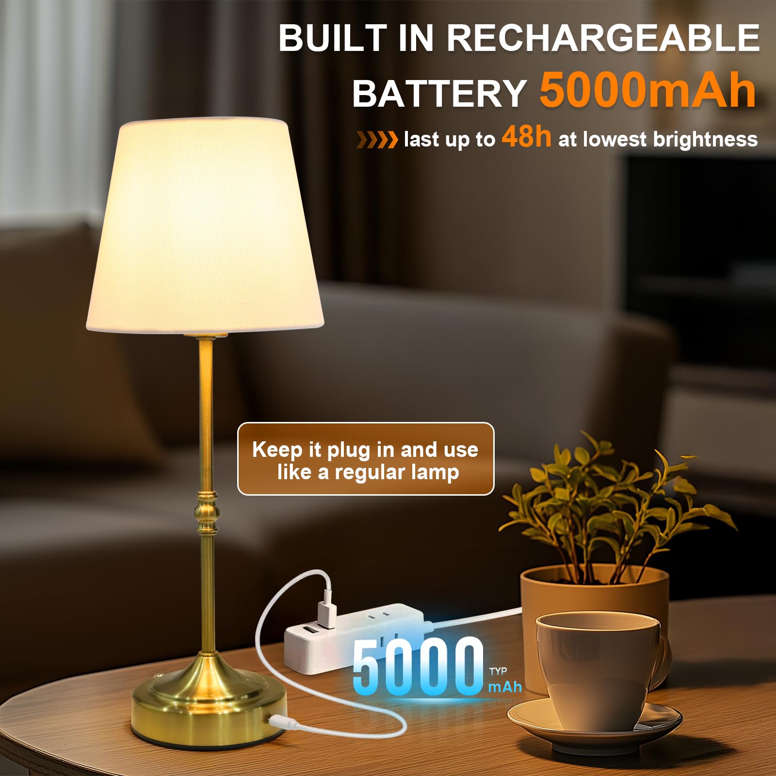Swinerton Rechargeable Cordless Table Lamp, Wireless 3-Level Dimmable, 16.3 inch, Gold, Model 80009810