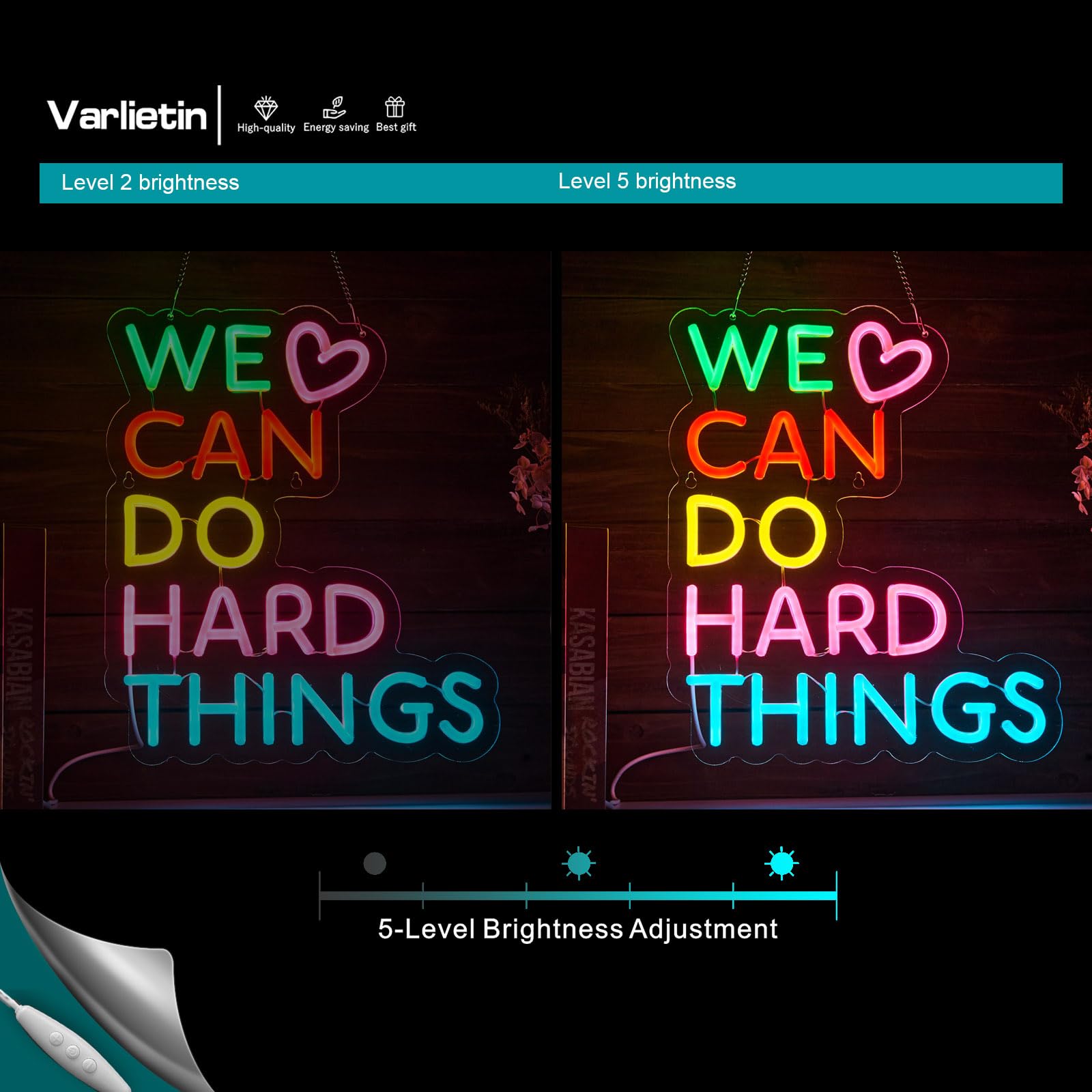VarLietin Neon Sign - We Can Do Hard Things Wall Decor, Dimmable Acrylic Light, USB Powered, Green/Pink/Yellow/Blue, Model Var-DoHard