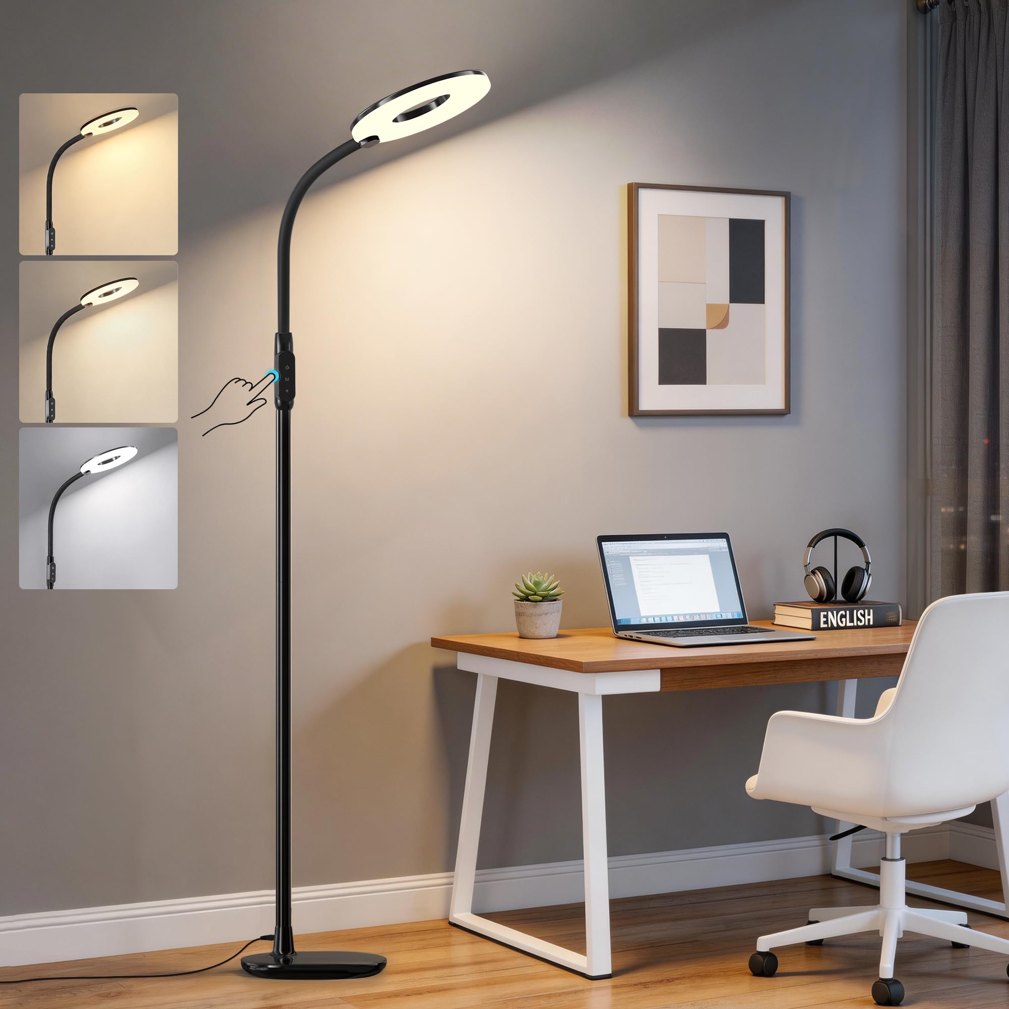 GyroVu LED Floor Lamp, 70 Bright Reading Floor Lamps for Living Room, Dimmable & Adjustable Color Temperature, Touch Control S