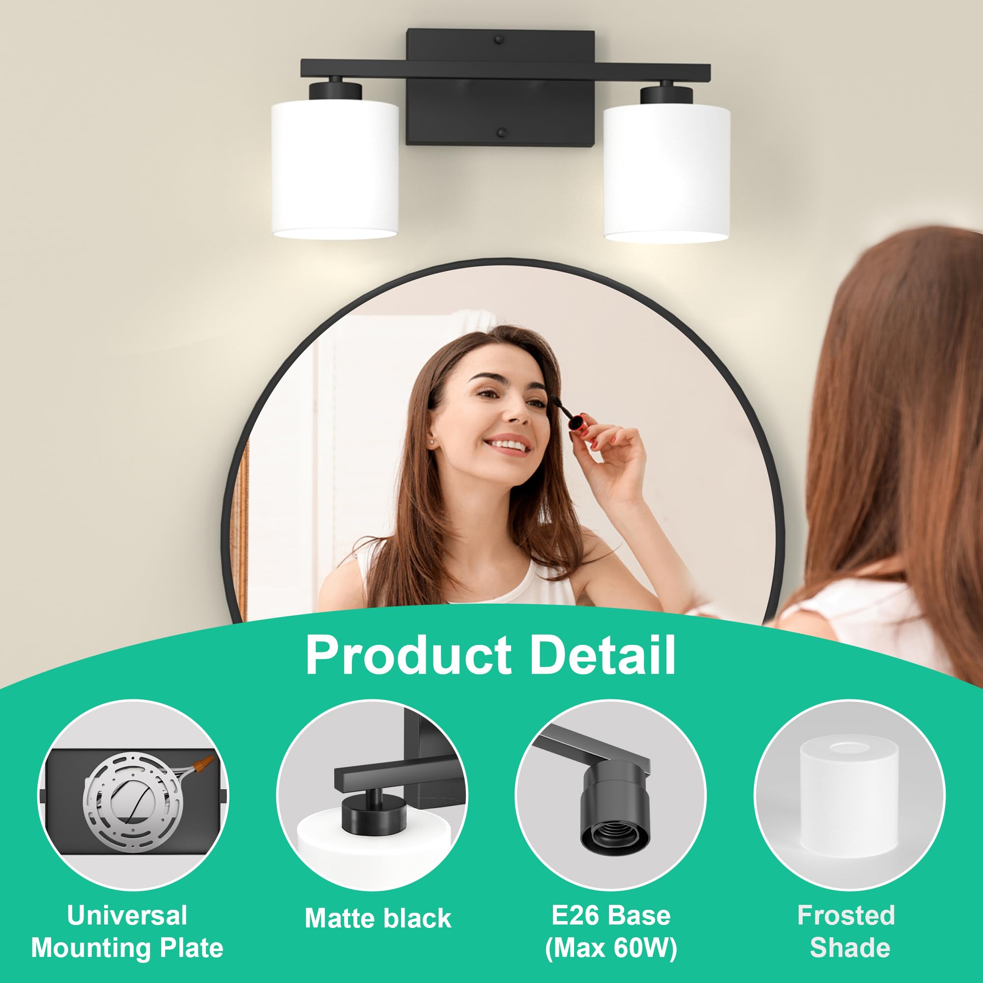 Honesorn 2-Light Black Vanity Light, Modern Bathroom Lighting with Frosted Glass Shade, Anti-Rust, Wall Mounted, Model TK-JQD-MS-B-2
