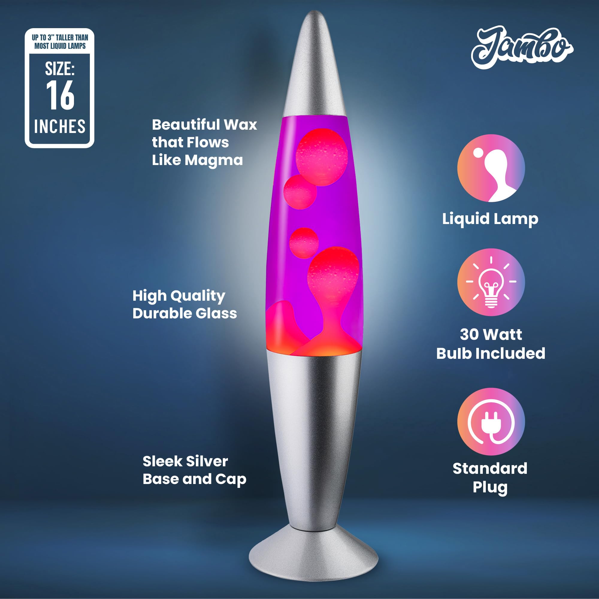 Jambo 16-Inch Liquid Lamp | Silver Base, Purple Liquid, Pink Wax | Model 55000