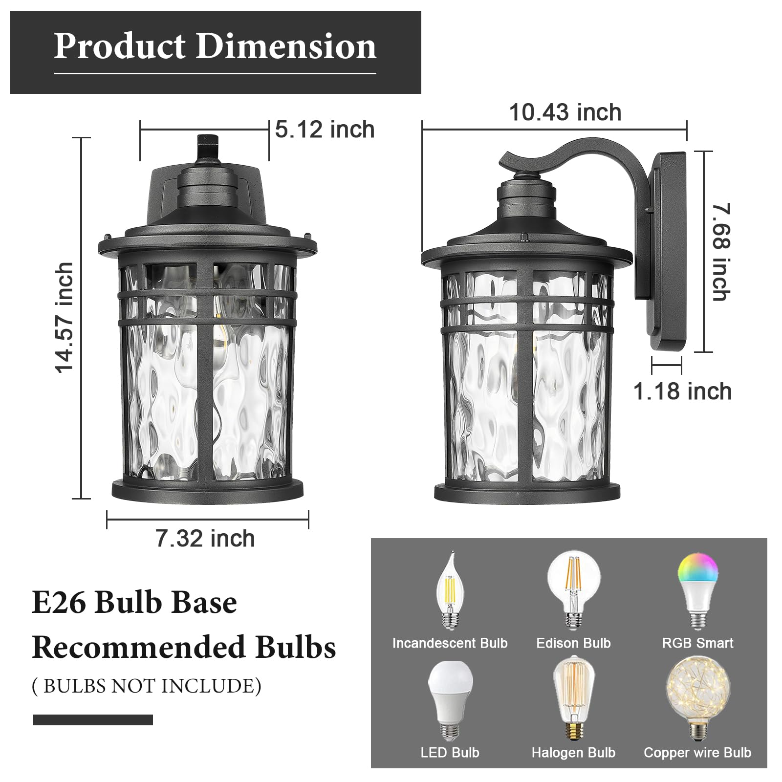 Darkaway Large Outdoor Porch Light Fixture - Waterproof Wall Sconce with Water Ripple Glass, Black - Model 6X20B-M BK+WG