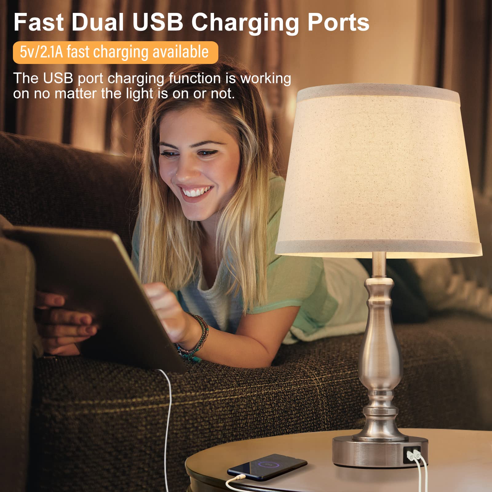 EJIAXIN Set of 2 Dimmable Bedside Lamps, Brushed Nickel with USB Ports, Fabric Shade, Model 98008, Ideal for Bedroom and Living Room