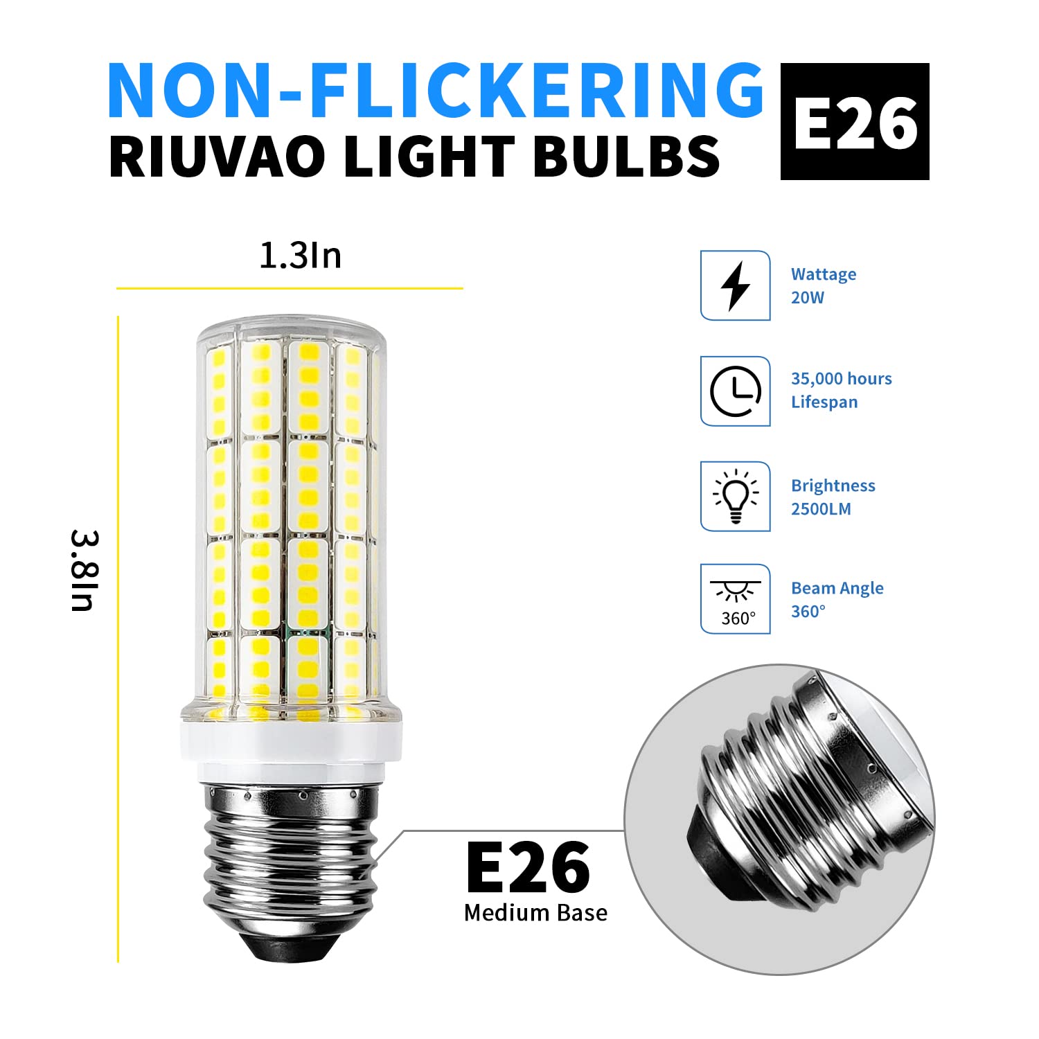 RIUVAO LED Light Bulb 200W Equivalent, 2500 Lumen, 5000K Cool White, E26/E27 Base, Waterproof, 20W, 6-Pack