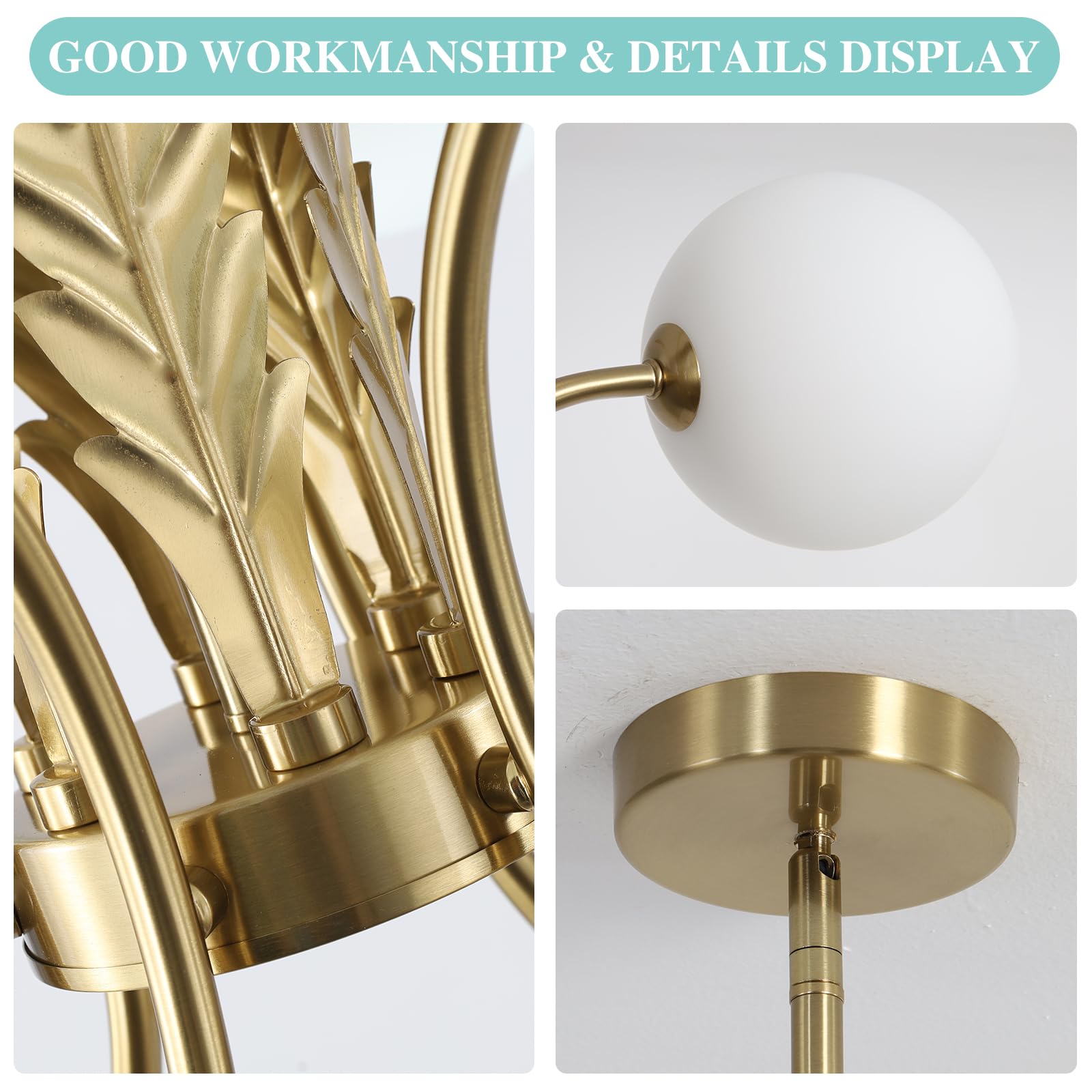 BOKT Mid Century 6-Light Milk Glass Chandelier, Gold G9 Pendant Light for Dining Room, Adjustable Flush Mount Fixture, Model BP1128-W