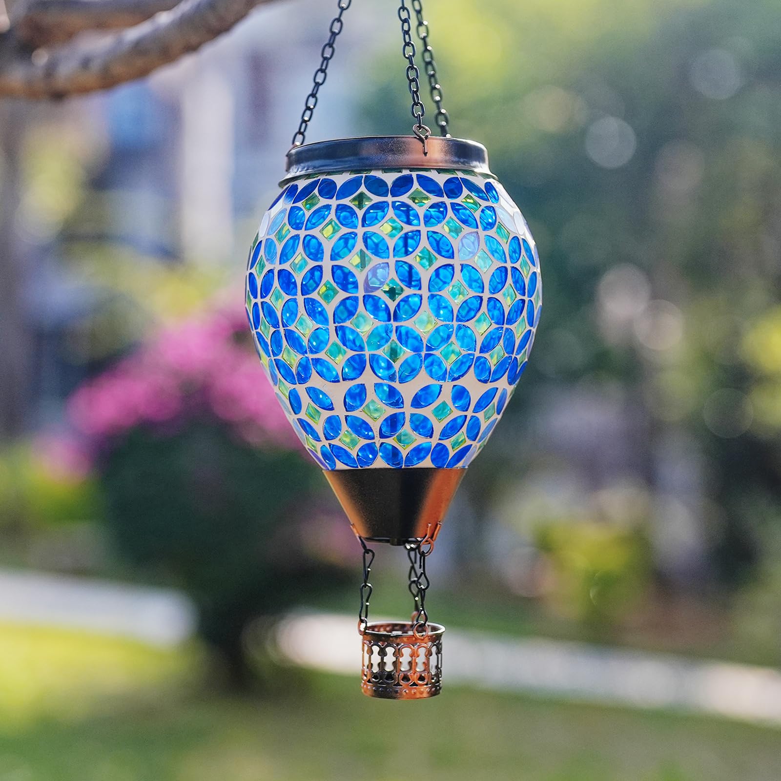 DREAMSKIP Mosaic Hot Air Balloon Solar Lantern, Waterproof Glass, Blue, Model 49120505, Flickering Flame, Outdoor Garden Gift