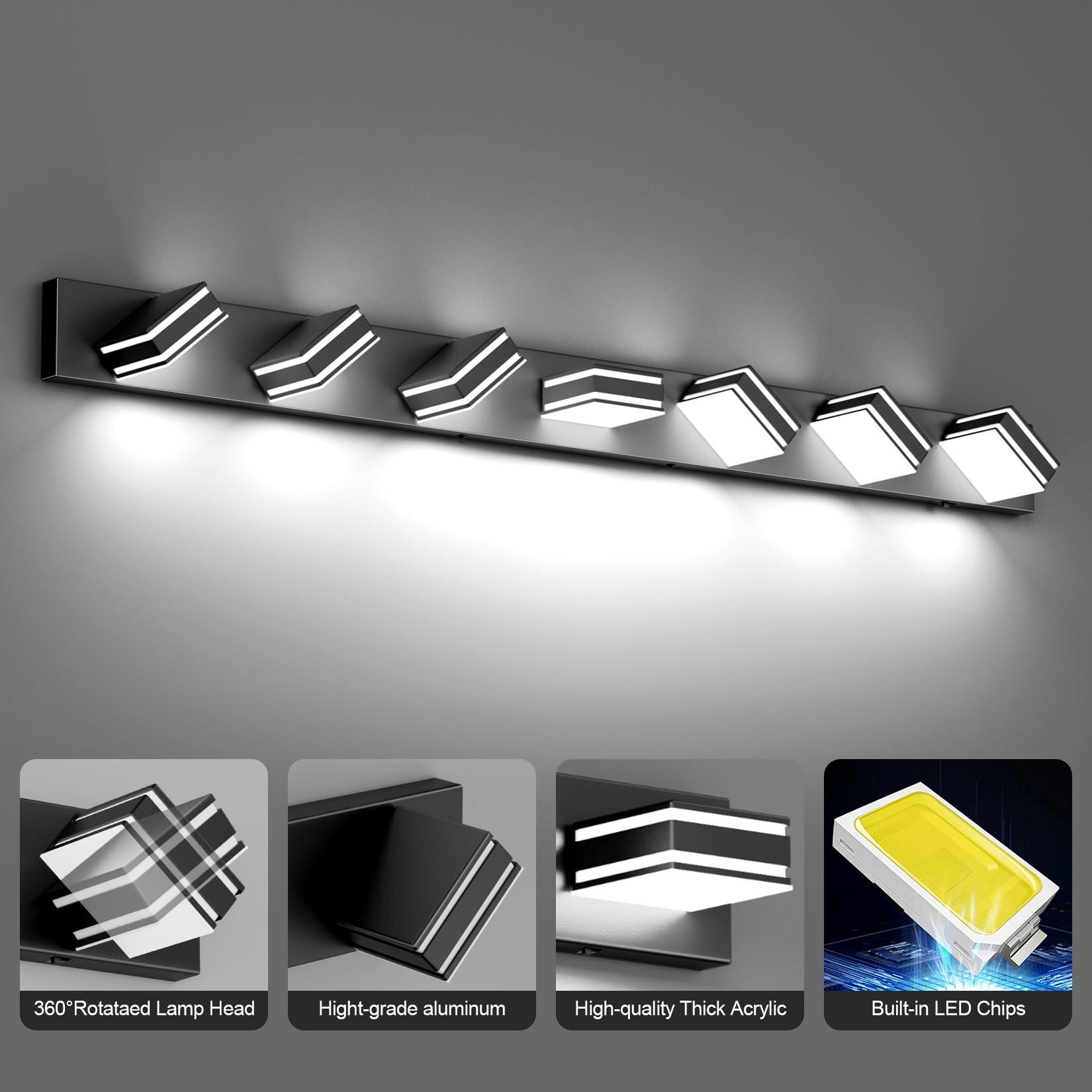 Ralbay 55Inch Black Vanity Light 5 Color Temperatures (3000K-6000K) Dimmable Metal Acrylic Led Modern Matte Black Bathroom Wall Lighting For Mirror (7-Light)