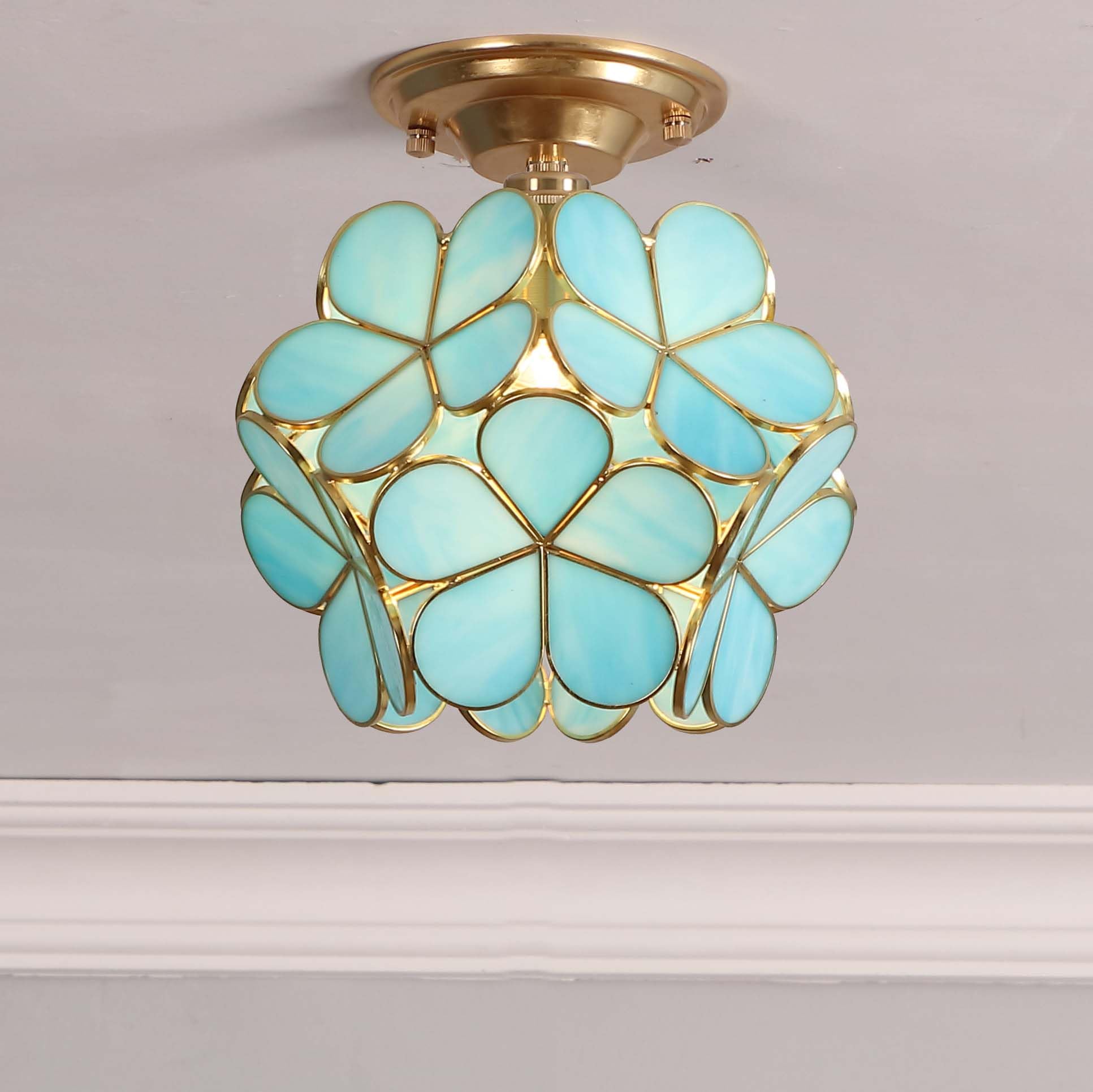 Bieye L10900 Flower Petals Tiffany Style Stained Glass Close To Ceiling Light, 8-Inch Wide (Ice Blue)