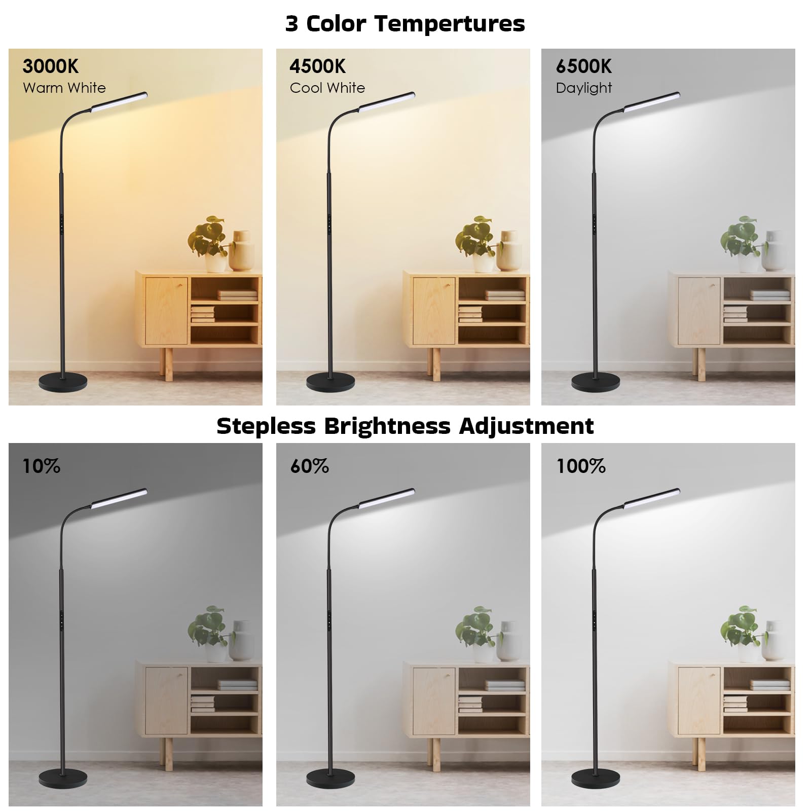 Dimunt LED Floor Lamp - 15W, Adjustable 3000K-6000K, Remote & Touch Control, Black, Model MF20054