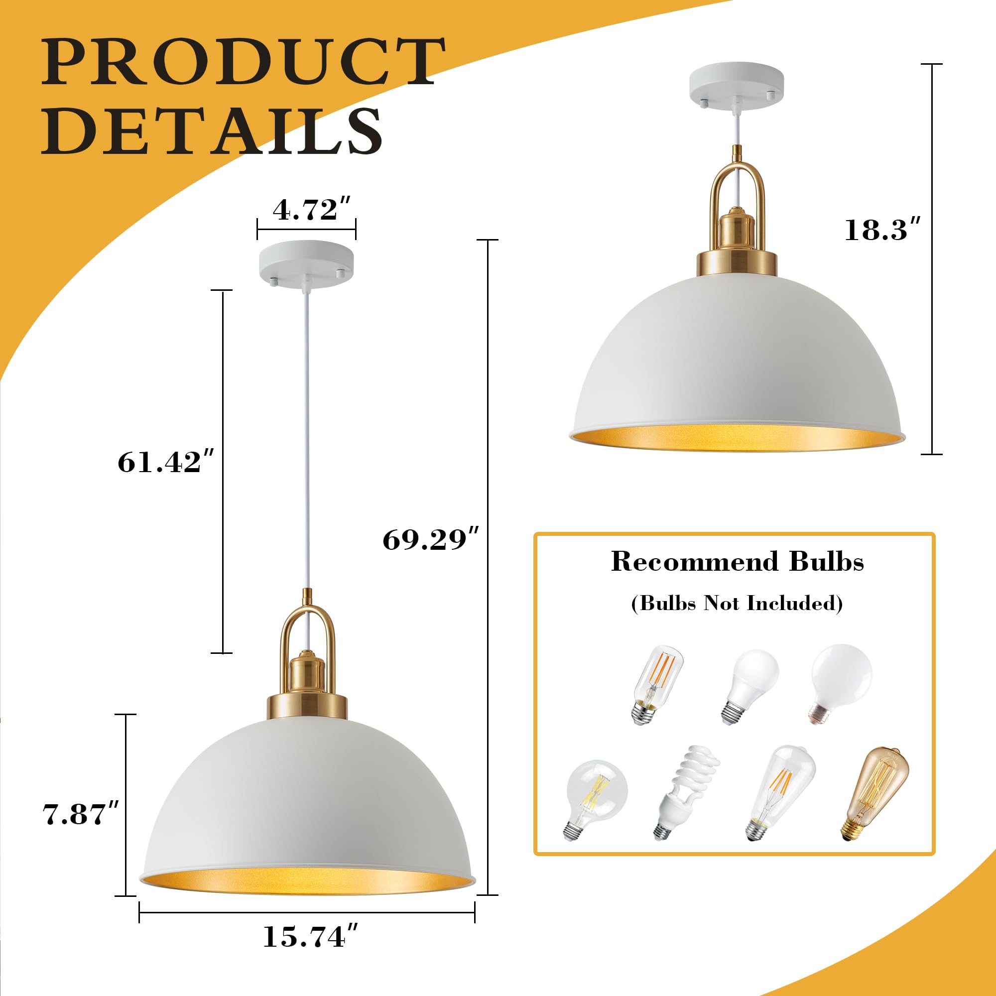 Febeleven 15.74'' Industrial White Large Pendant Light Matte Finish Metal Light Fixture Farmhouse Hanging Light For Kitchen Isla