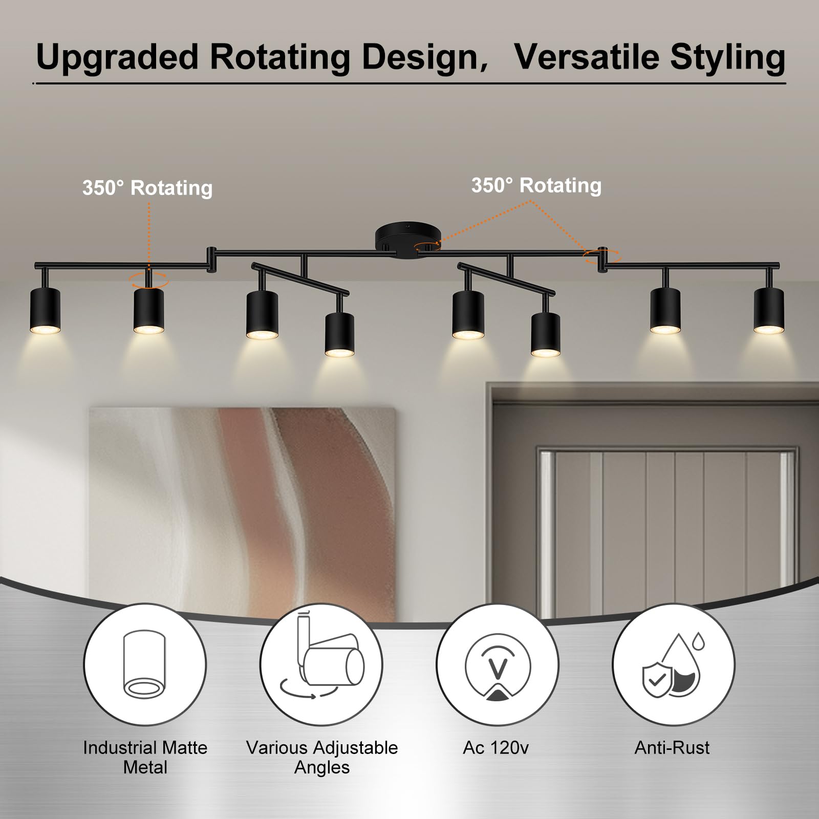 AUQUEE 8 Light Track Lighting Fixtures, Matte Black, Adjustable LED Lights for Kitchen/Hallway, Model AQC0681US, Metal Construction