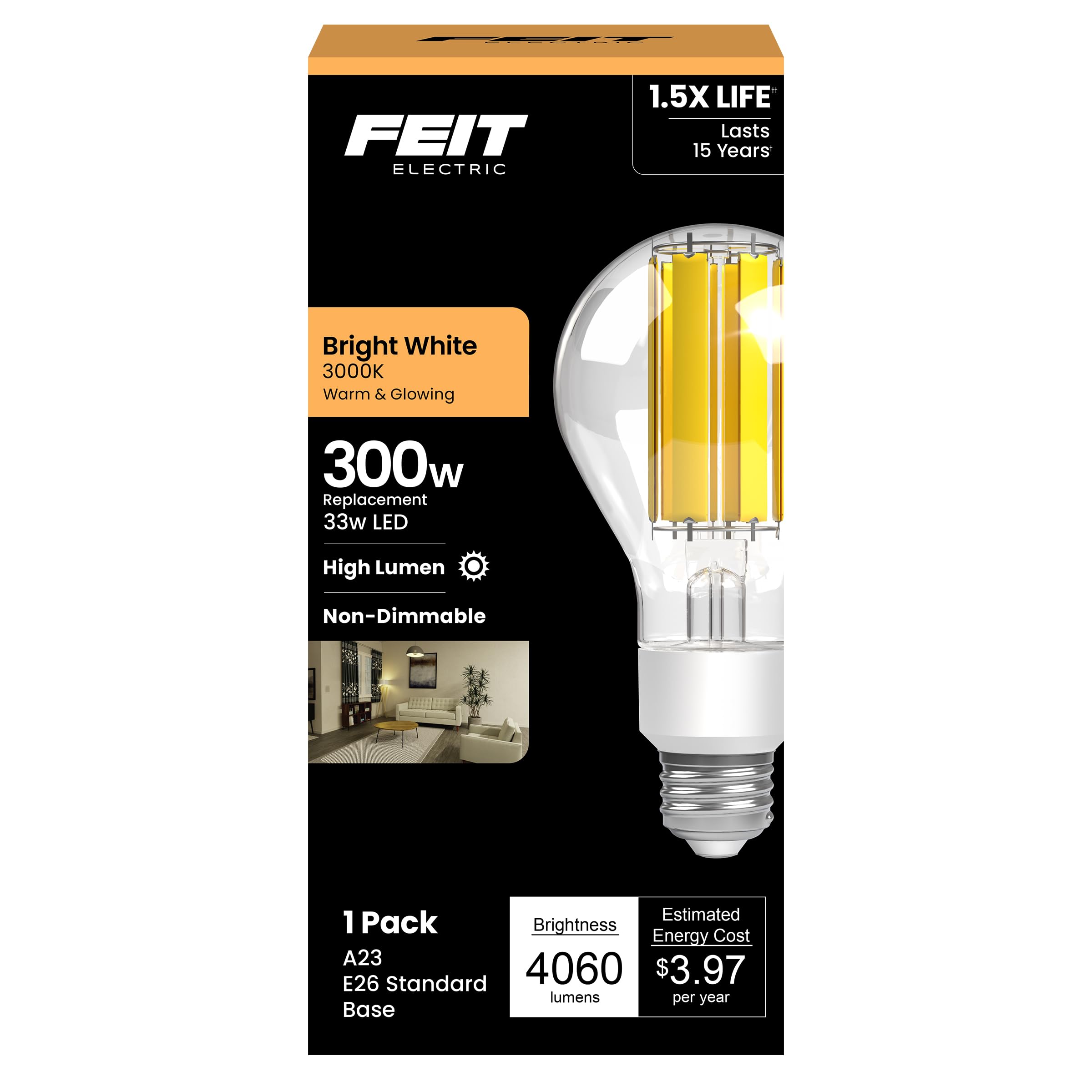 Feit Electric High Lumen A23 LED Light Bulb  Clear Glass Filament  4060 Lumens  300W Equivalent  3000K Bright White  17 000-Hour Lifetime  Ideal for Commercial or Residential Use  OM300/CL/830/FIL